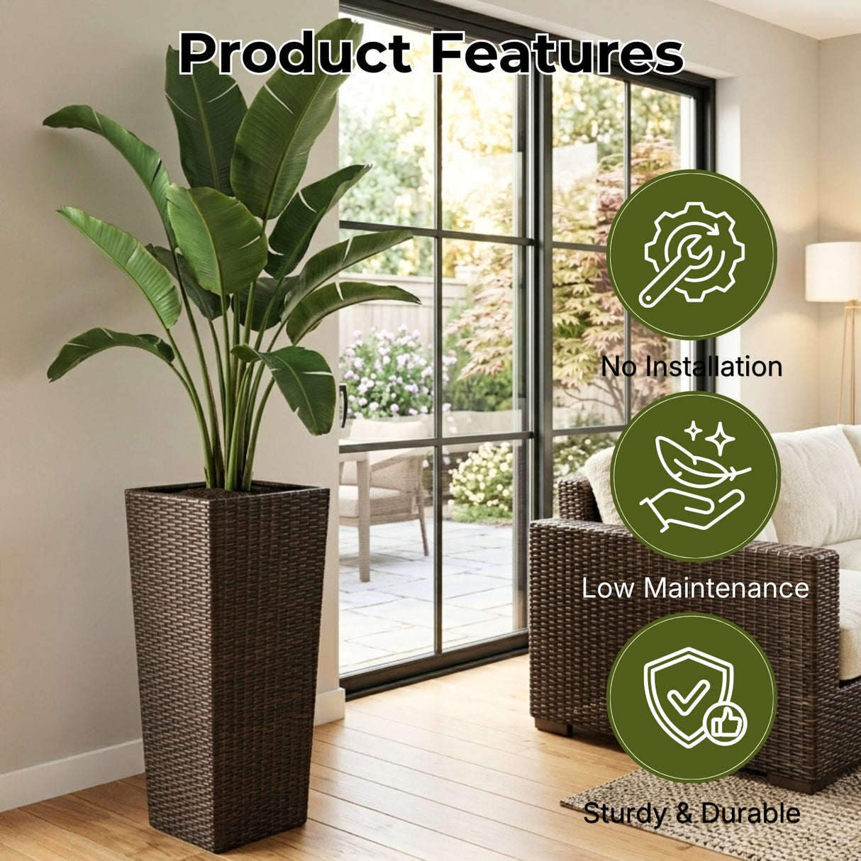 2-Piece Outdoor Rattan Wicker Tall Square Planters (Dark Brown)