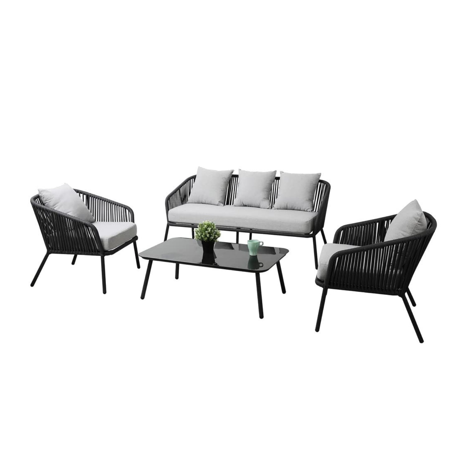 4-Piece Outdoor Rope Patio Sofa Set (Black & Grey)