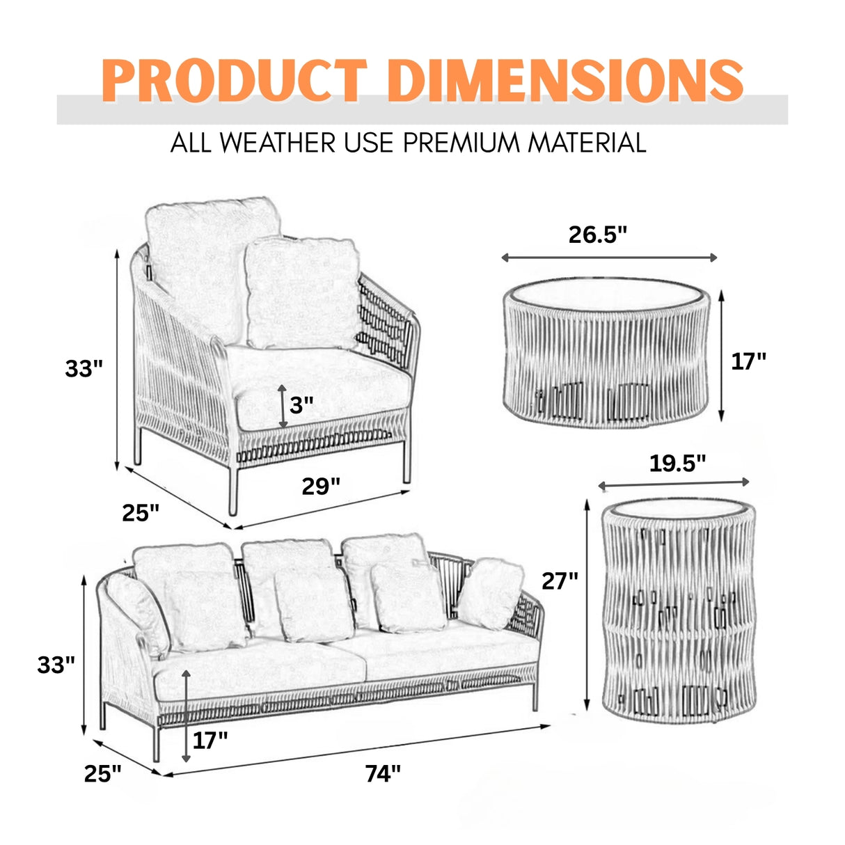 Outdoor 5 Seater Rope Patio Sofa Set with Center Table and Side Table