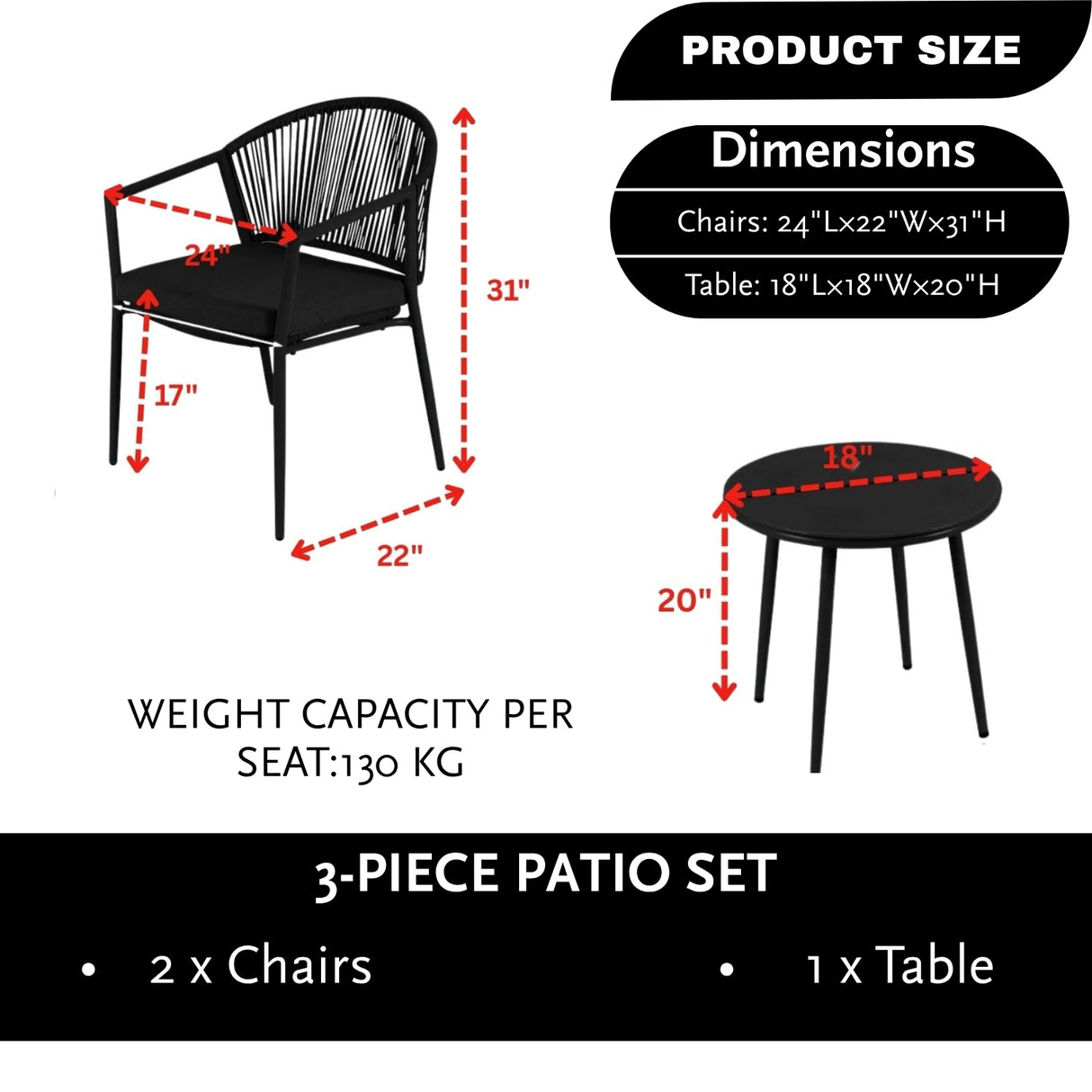 3 Piece Garden Outdoor Rope Patio Set