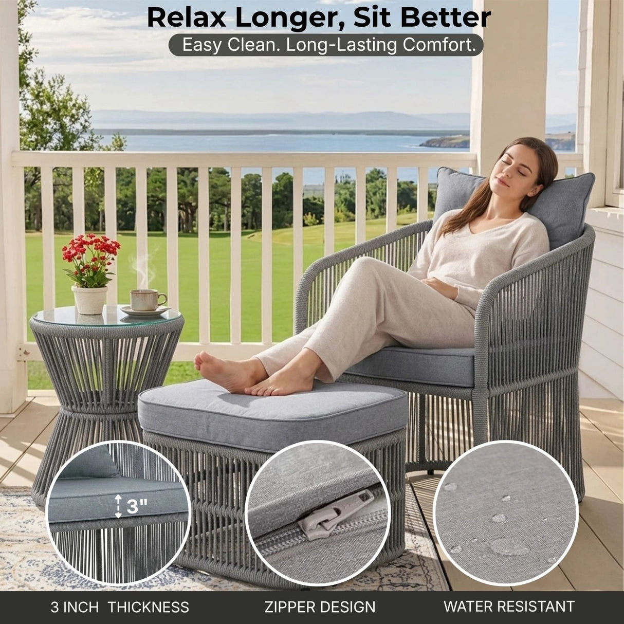 Outdoor 3 Piece Rope Patio Sofa Set (Grey)