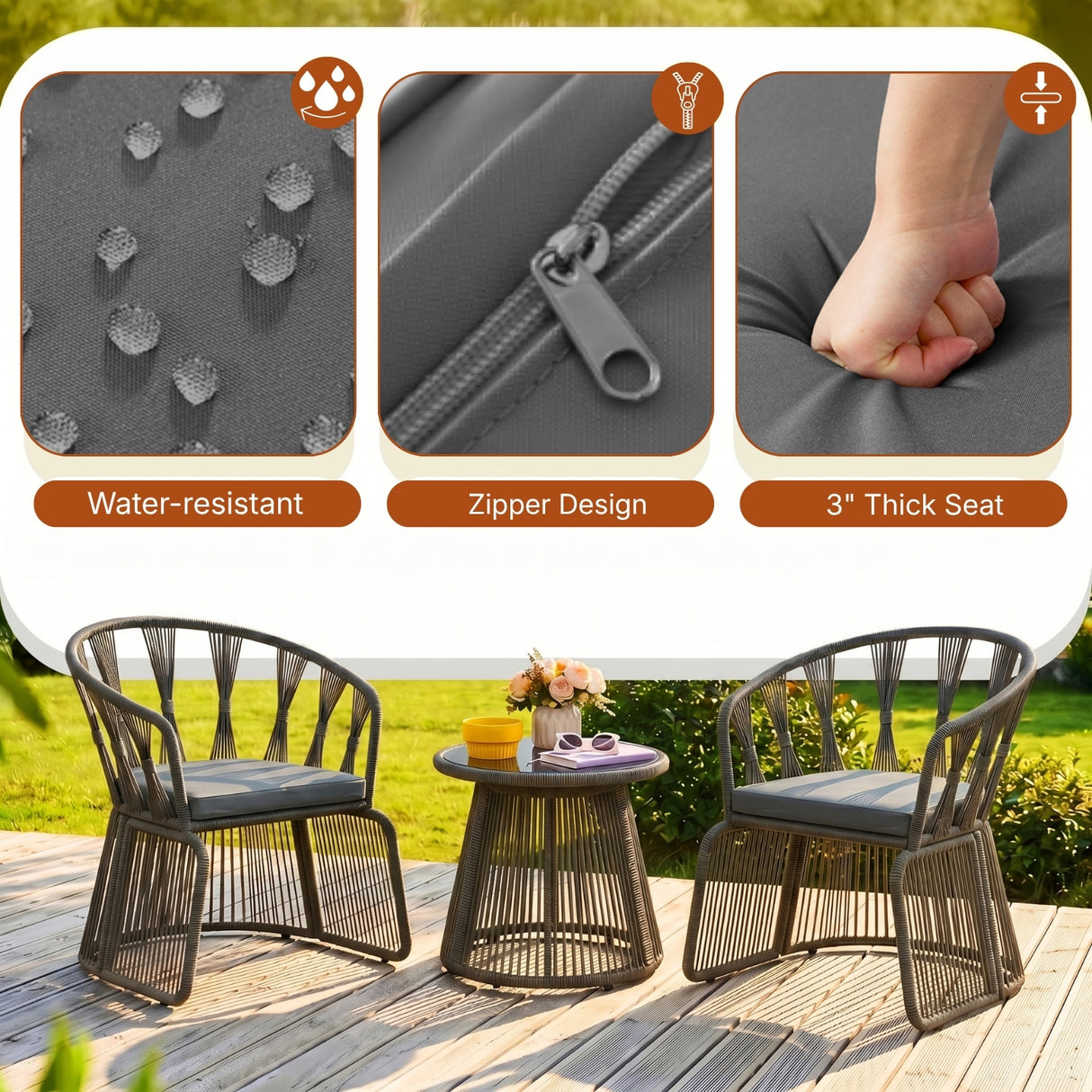 Outdoor Rope 3-Piece Patio Set (Grey & Dark Grey)