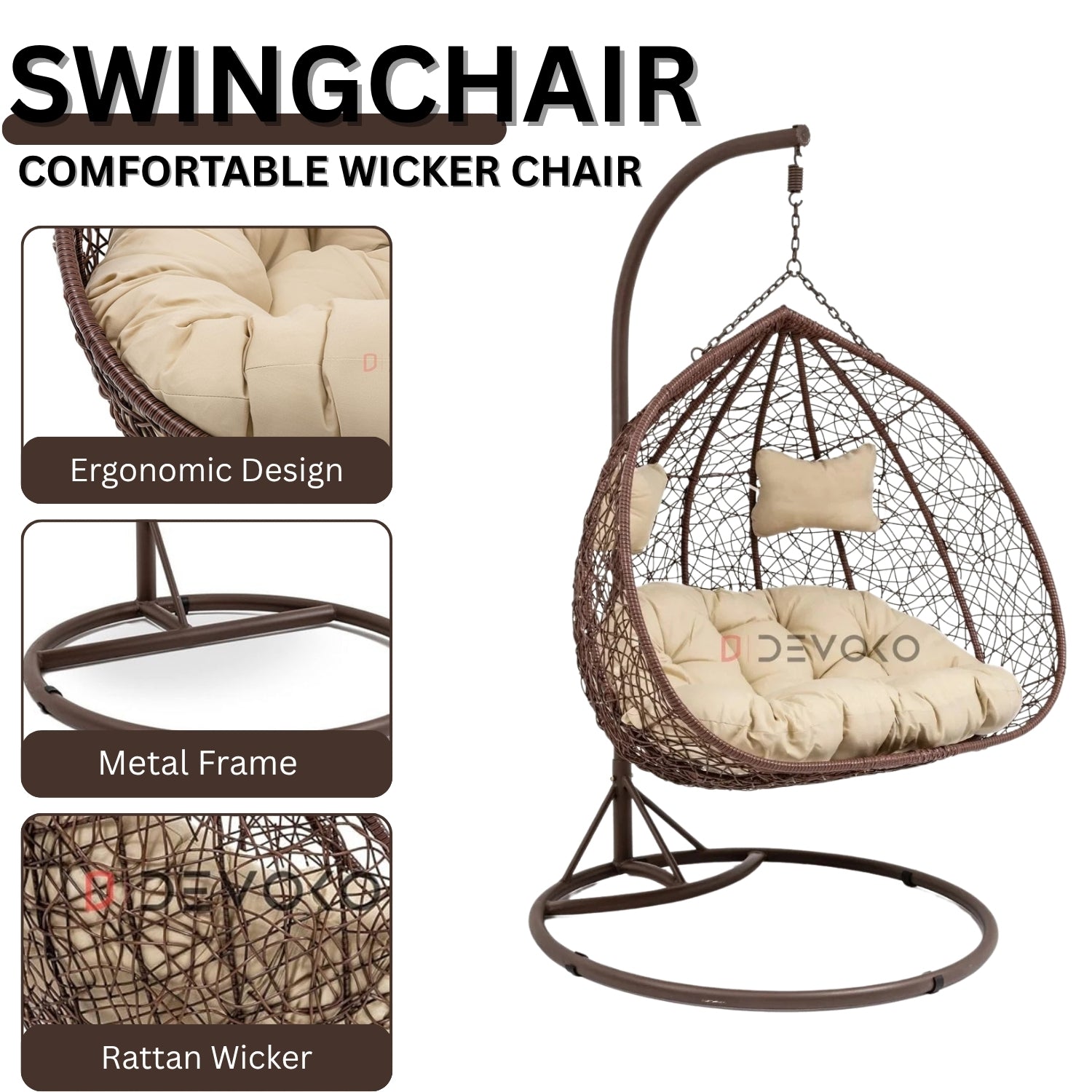 Double Seater Rattan & Wicker Swing (Brown & Cream)