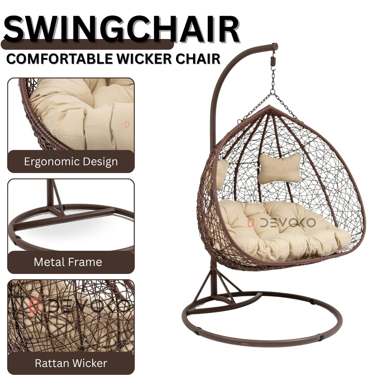 Double Seater Rattan & Wicker Swing (Brown & Cream)