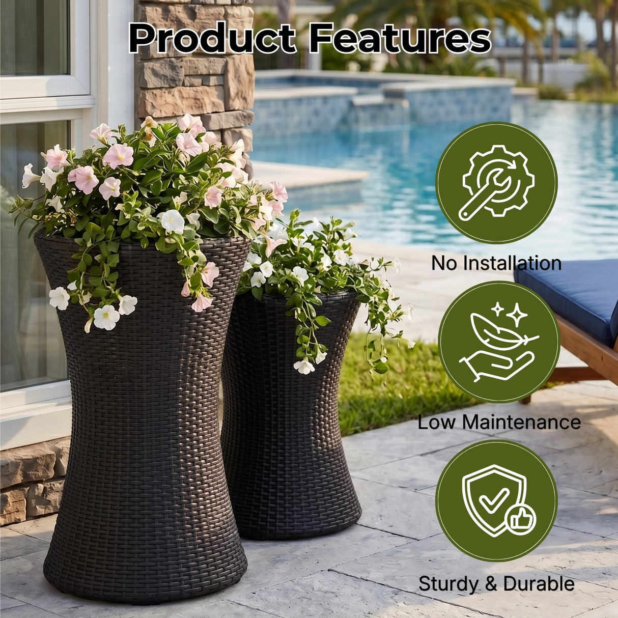 Outdoor Hourglass Design Set of 3 Wicker Planters (Black)