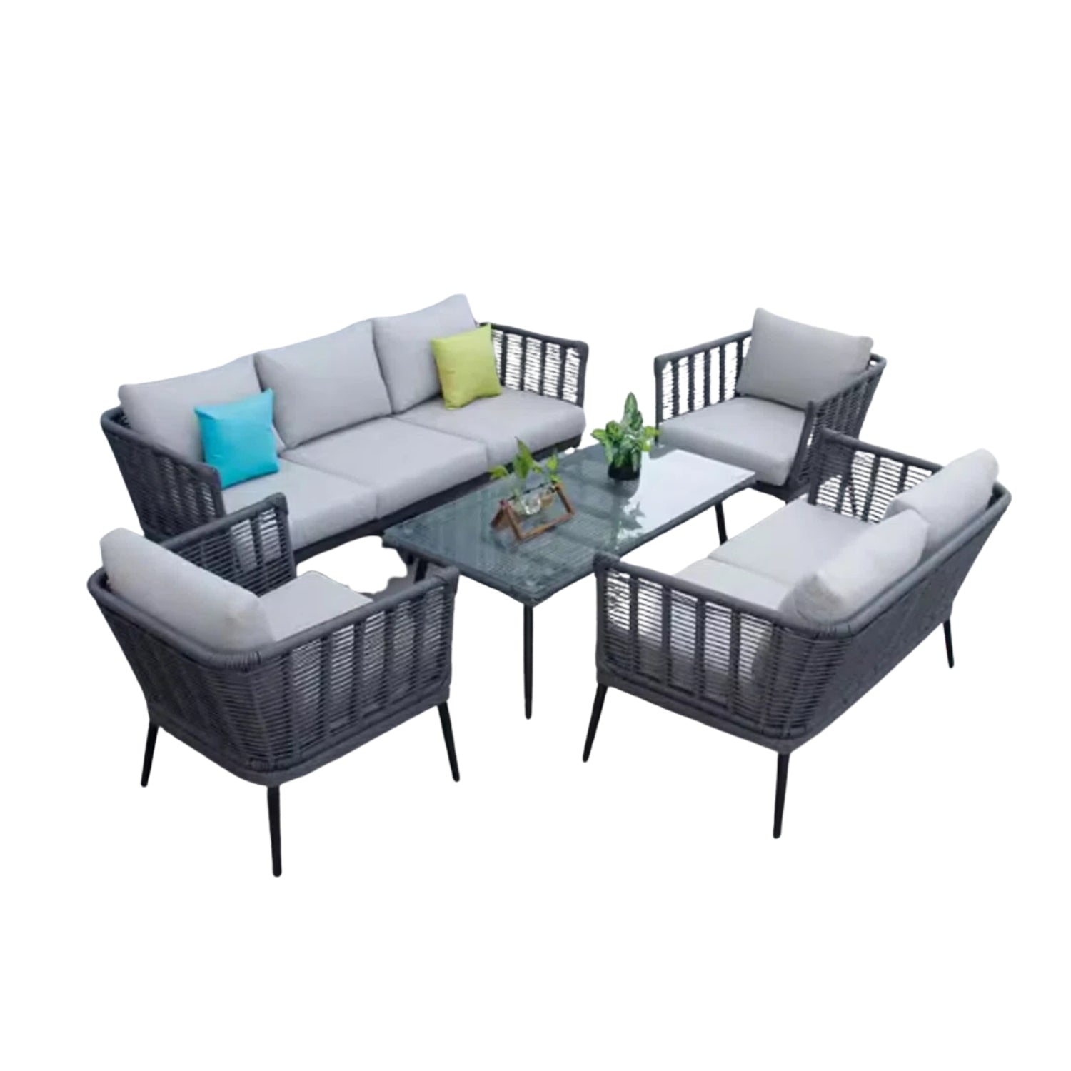 Outdoor Grey Rope 7-Seater Sofa Set With Glass Top Table