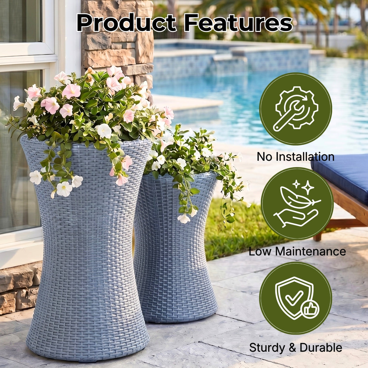 Outdoor Hourglass Design Set of 3 Wicker Planters (Silver Grey)