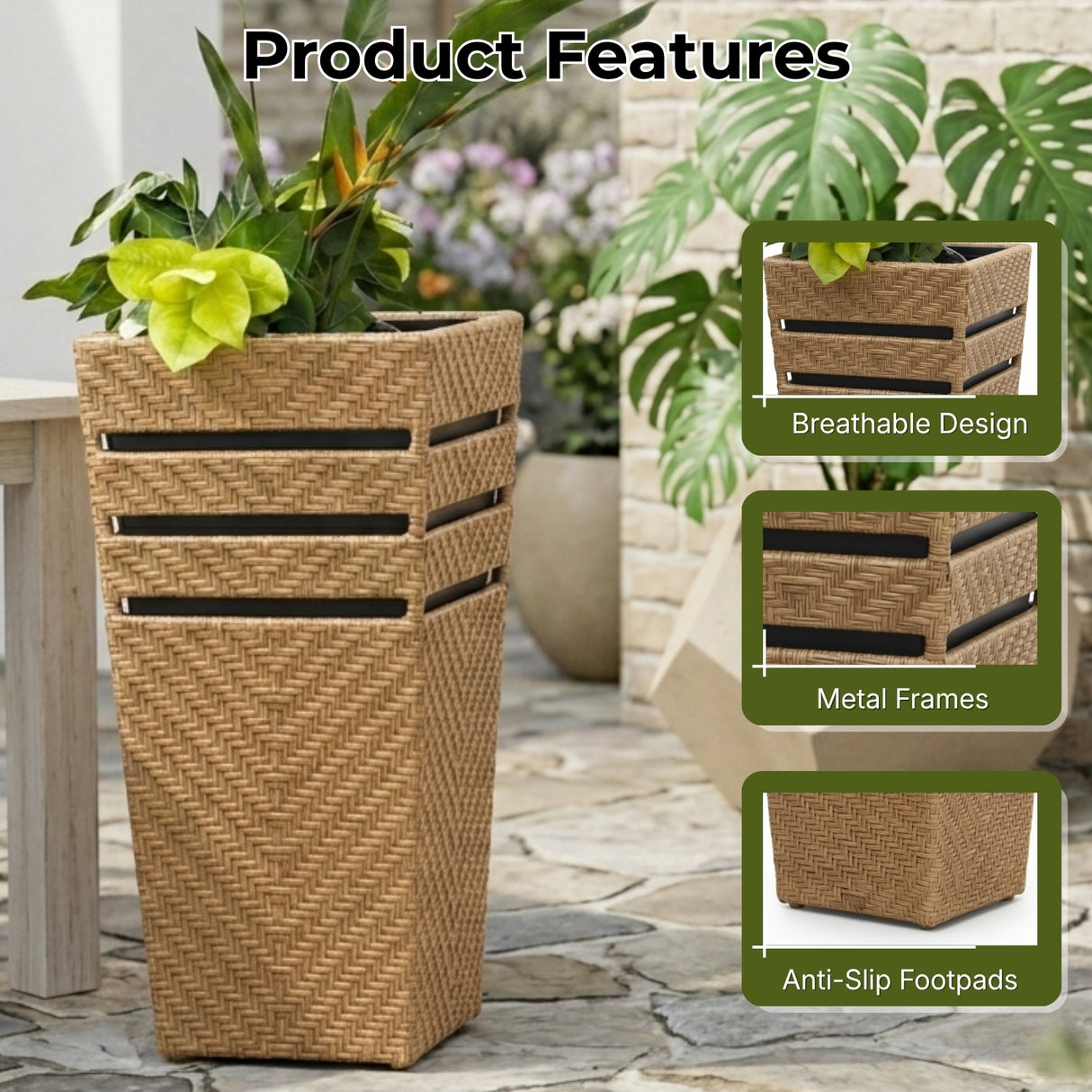 Outdoor Tall Square Rattan Planter Set of 2 (Beige)