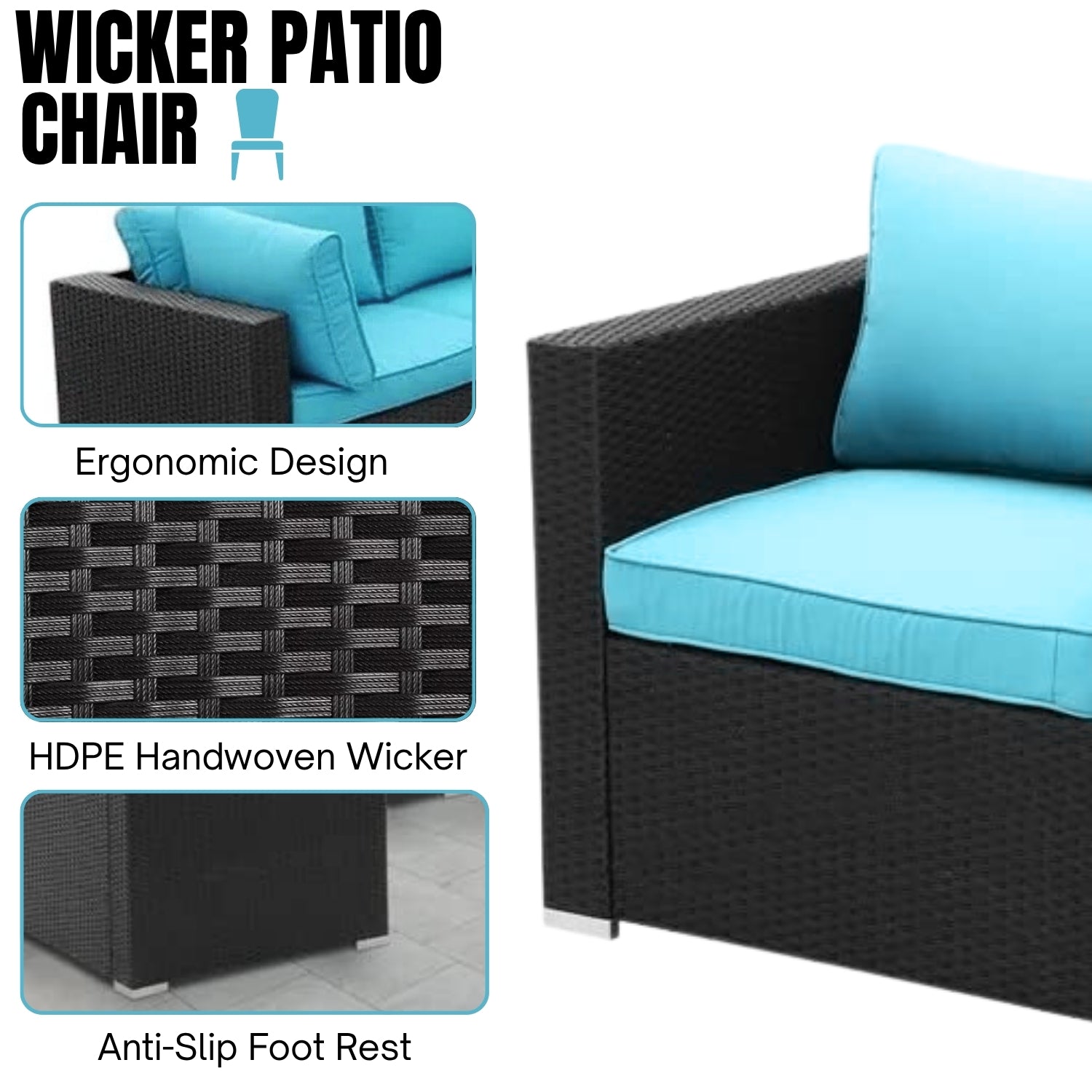 6-Piece Outdoor Wicker Sofa Set (Black/Sky-Blue)