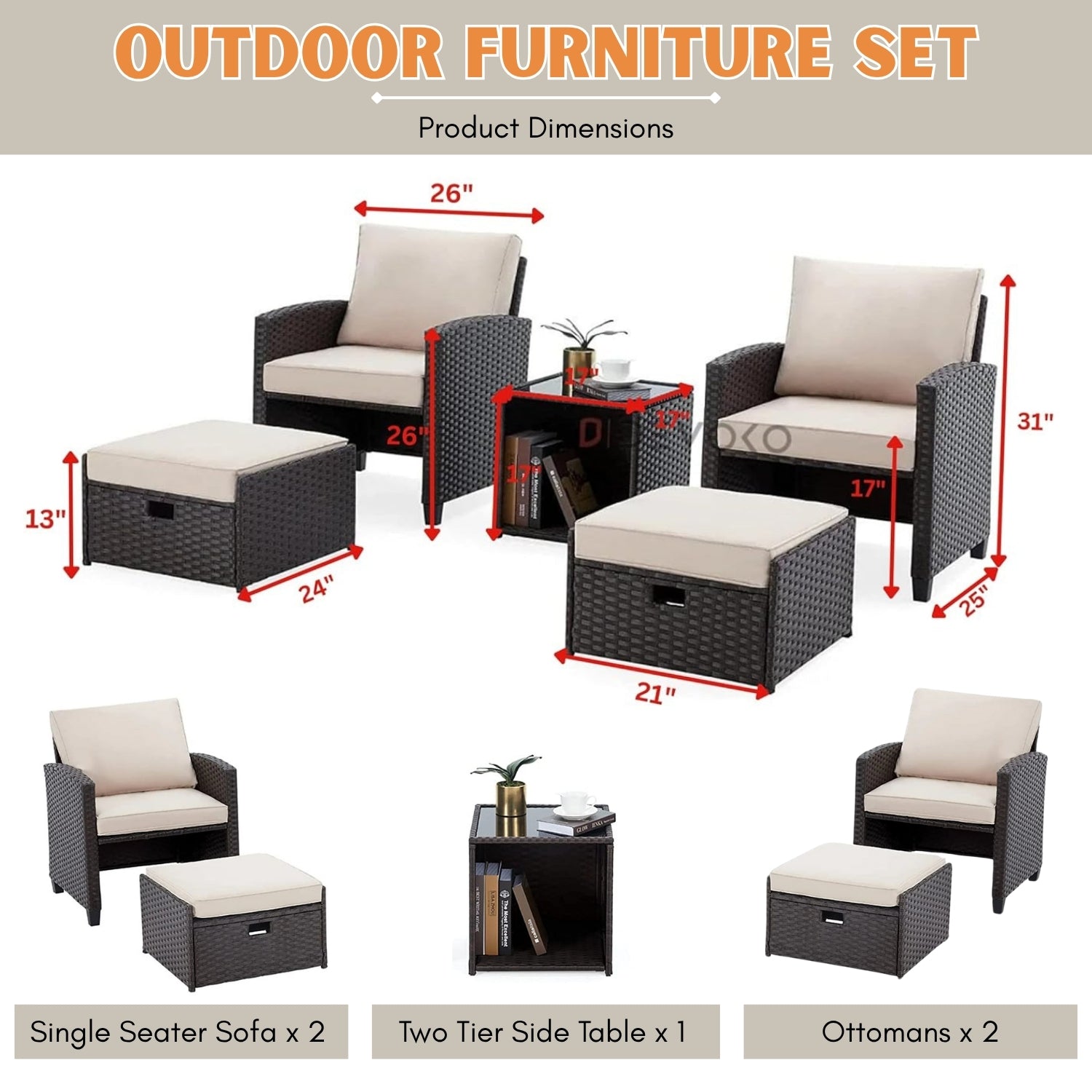 5 Piece Outdoor Patio Wicker Furniture Set