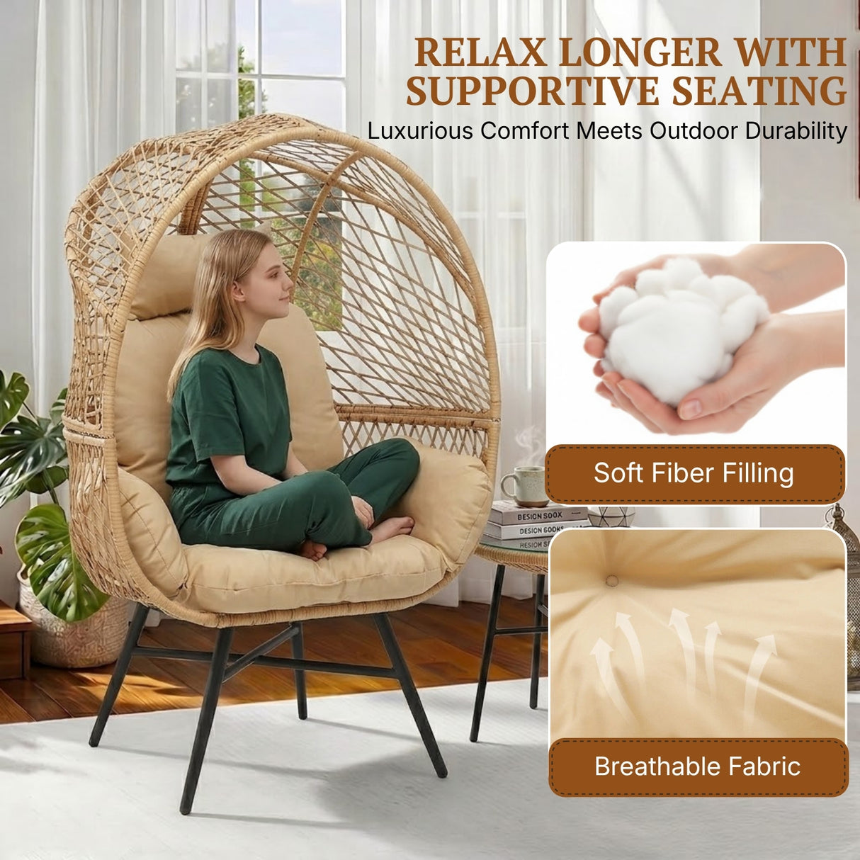 Outdoor Wicker Egg Chair with Glass Top Side Table (Beige & Cream)