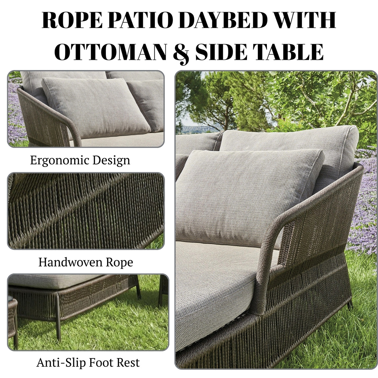 Outdoor Rope 2 Seater Patio Daybed With Side Table & Ottoman