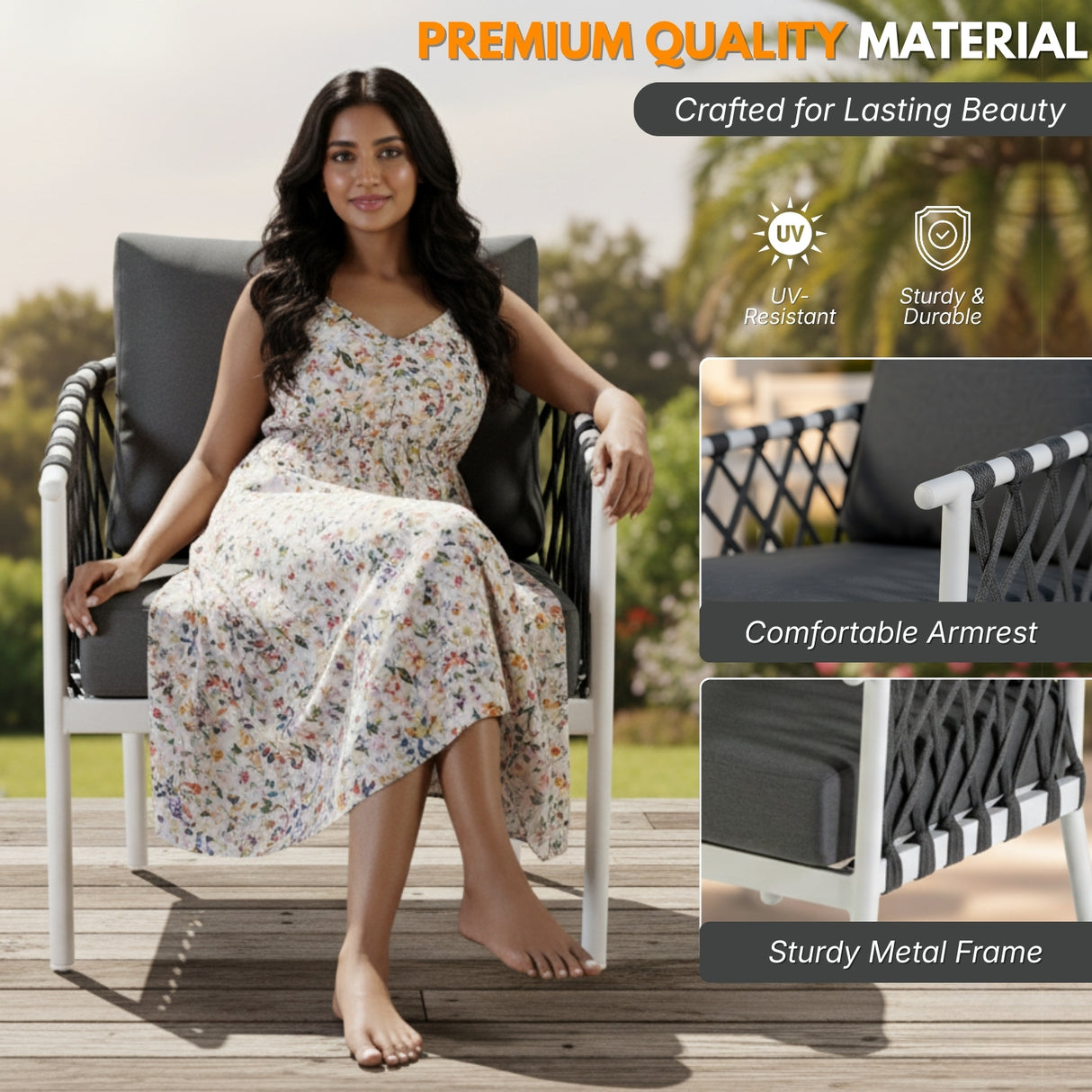 4-Piece Outdoor Rope Sofa Set With Glass Top Table (Grey)