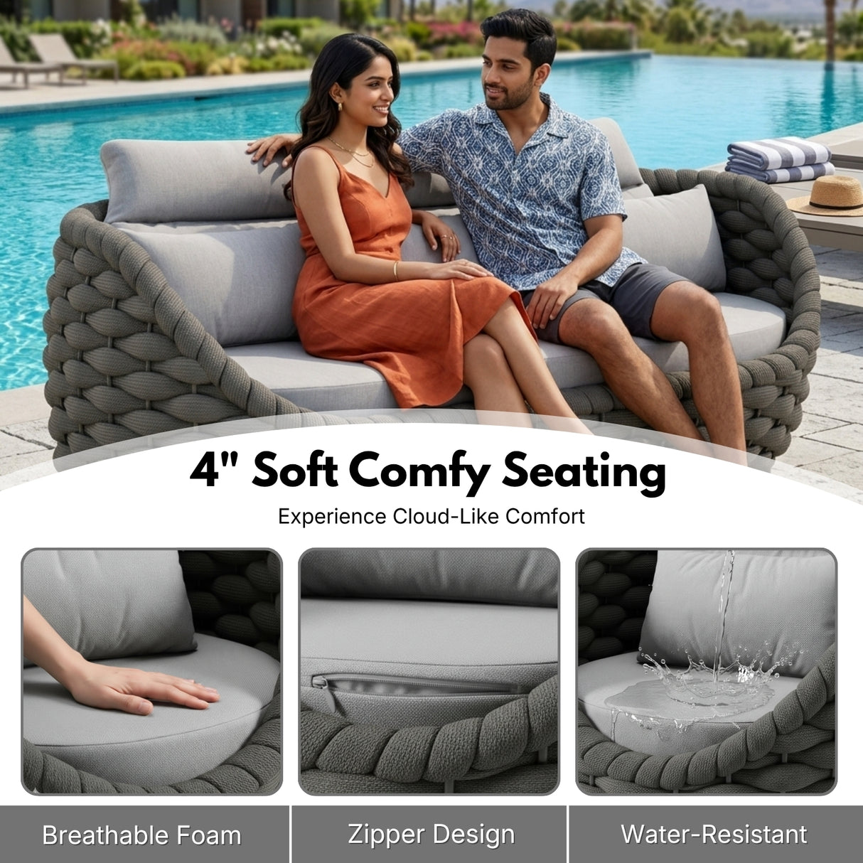 Outdoor Rope 5-Seater Sofa Set with Glass Top Center Table ( Blackish Grey & Grey)