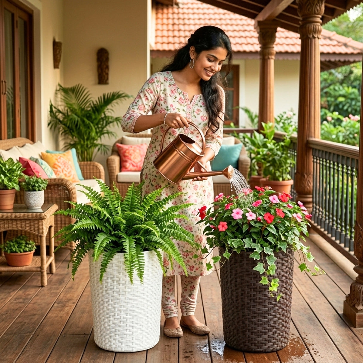 Outdoor Wicker 2-Piece Tall Round Planter Set (Dark Brown & White)