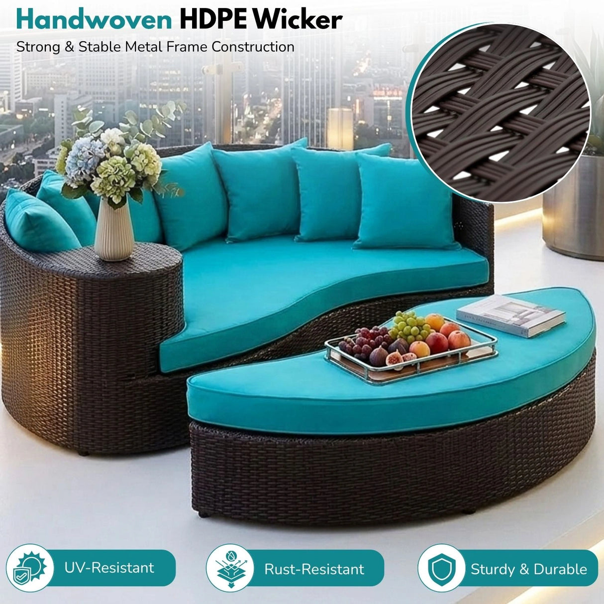 Outdoor Rattan Wicker Daybed (Dark Brown & Turquoise Blue)