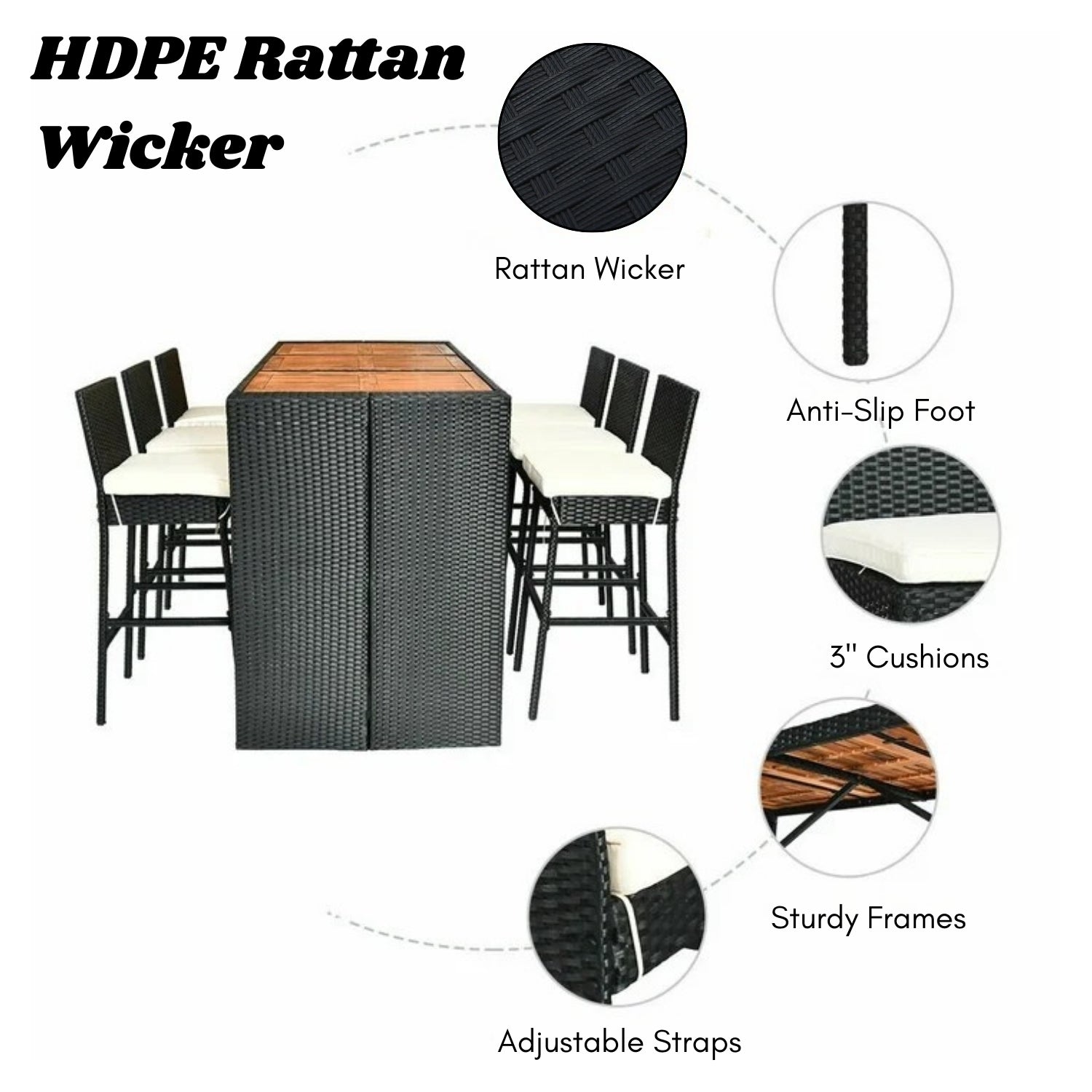7-Piece Outdoor Rattan Wicker Bar Set with Wooden Top Table