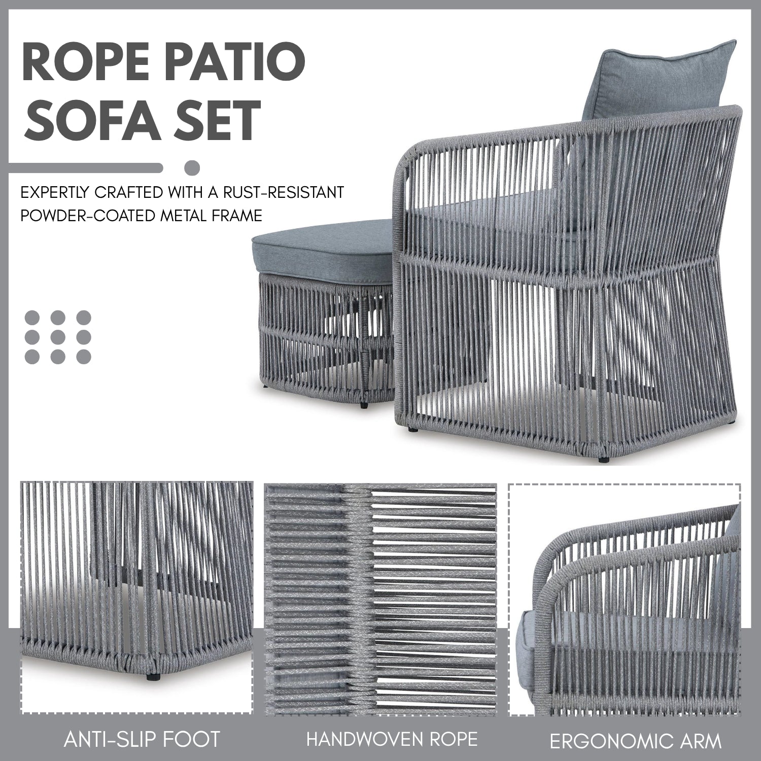 Outdoor 3 Piece Rope Patio Sofa Set (Grey)