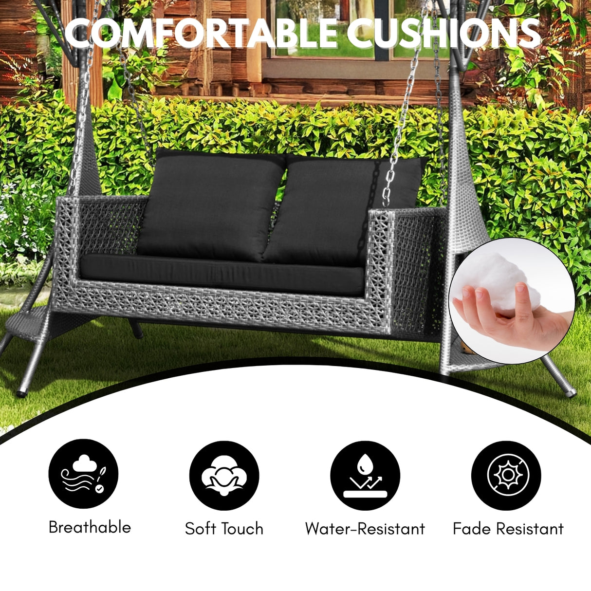 Outdoor Rattan Wicker 2-Seat Patio Swing Chair with Shade & Cushions