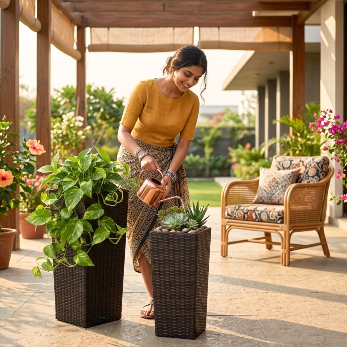 2-Piece Outdoor Rattan Wicker Tall Square Planters (Dark Brown)