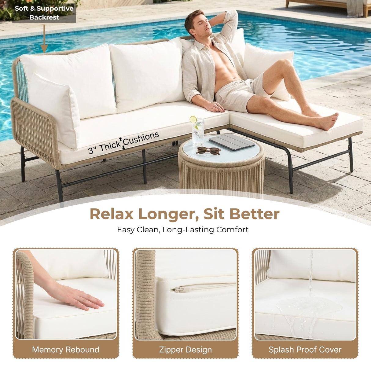 Outdoor L-Shape Rope Sofa Set (Beige & White)