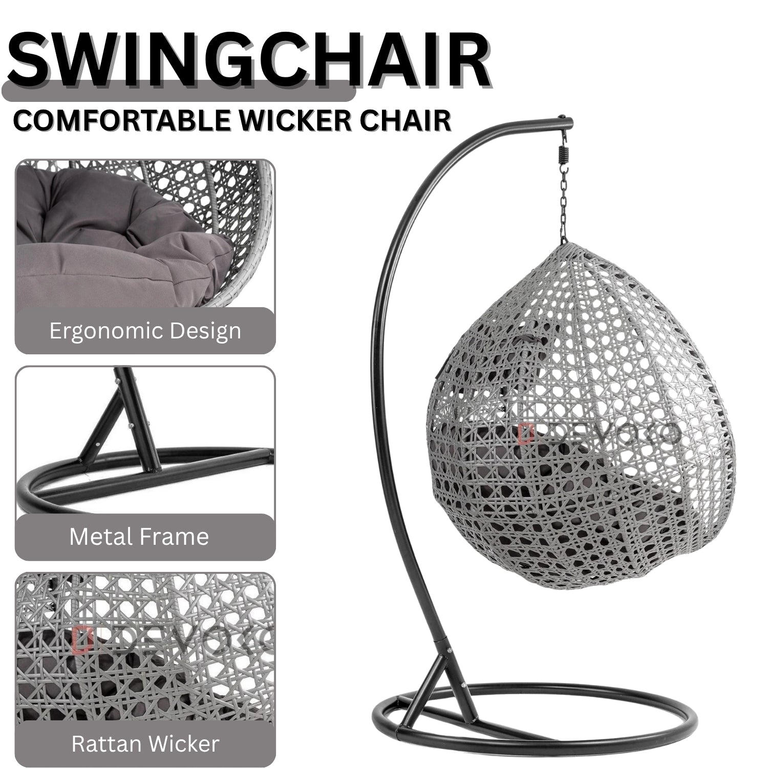 Single Seater Rattan & Wicker Swing (Grey)