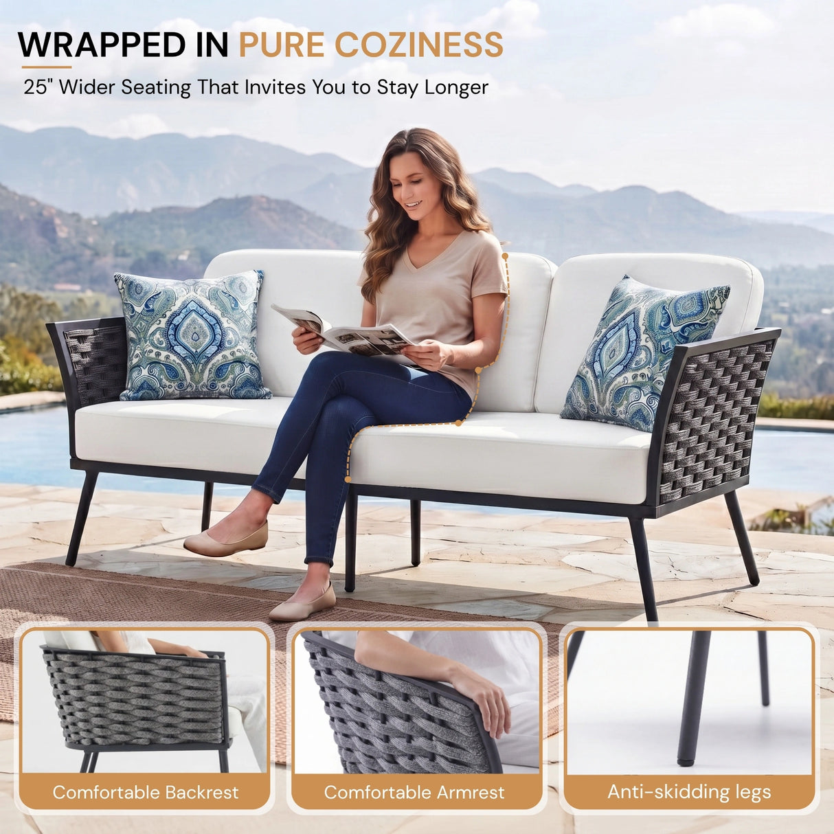 4 Piece Outdoor Rope Sofa Set with Wooden Top Table