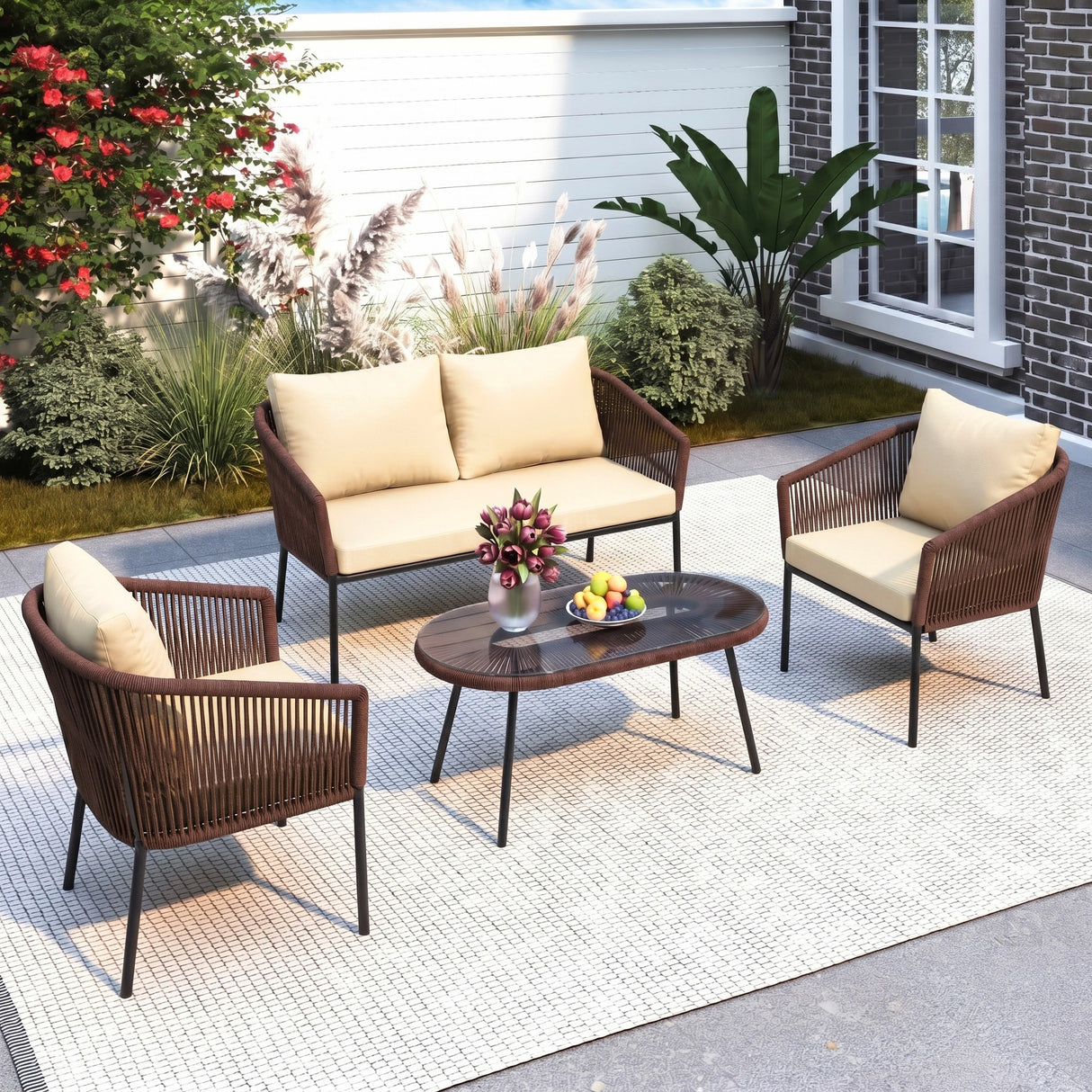 Outdoor 4 Seater Rope Conversation Sofa Set (Brown & Cream)