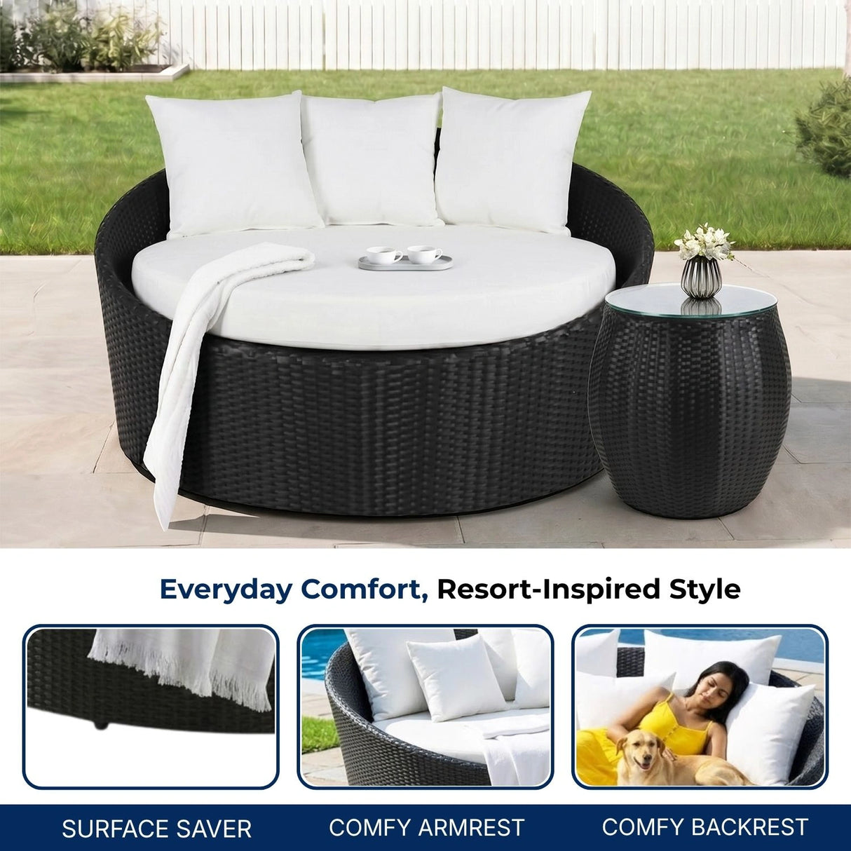 Outdoor Rattan Wicker Daybed with Glass Top Table