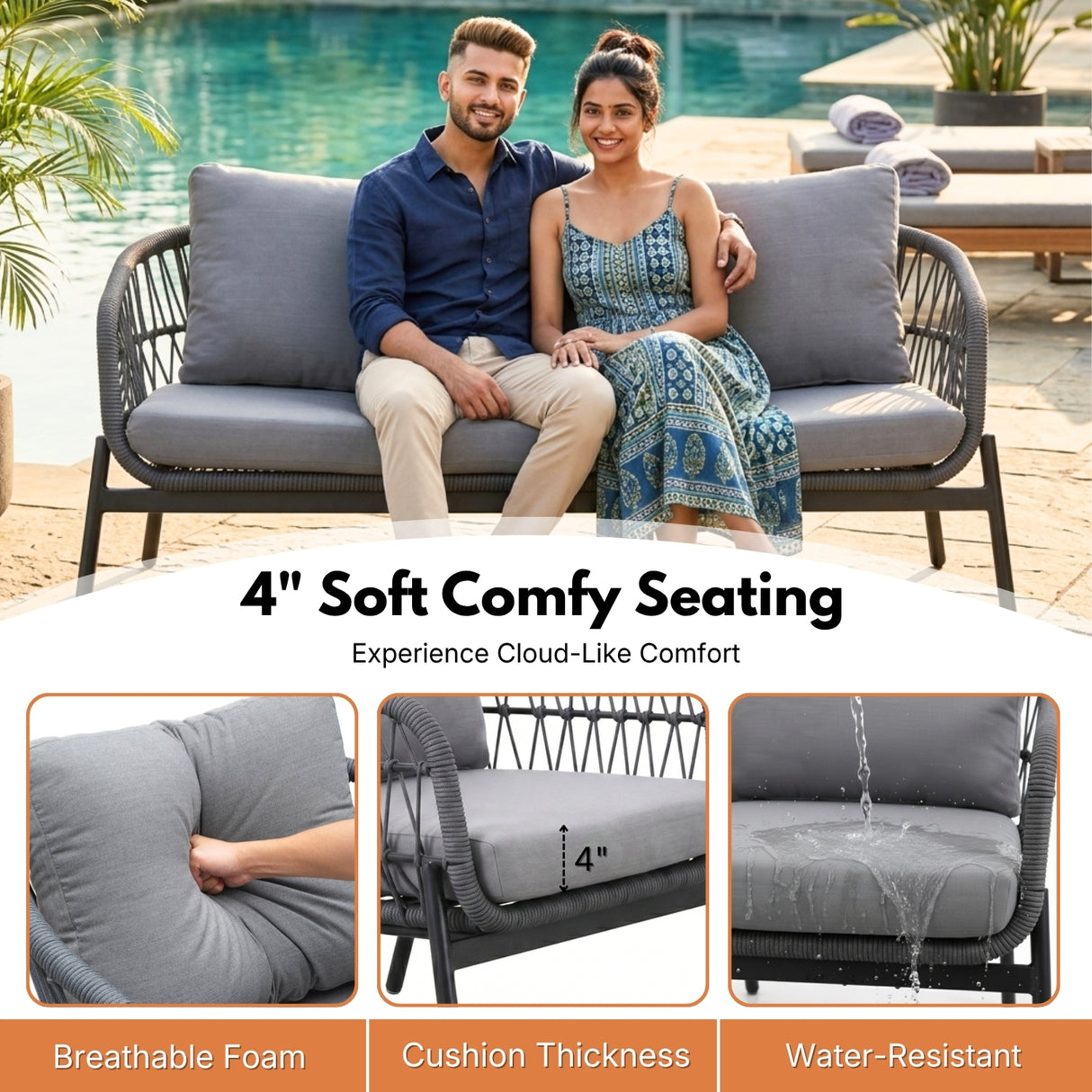 Outdoor 5 Seater Rope Conversation Sofa Set (Grey)