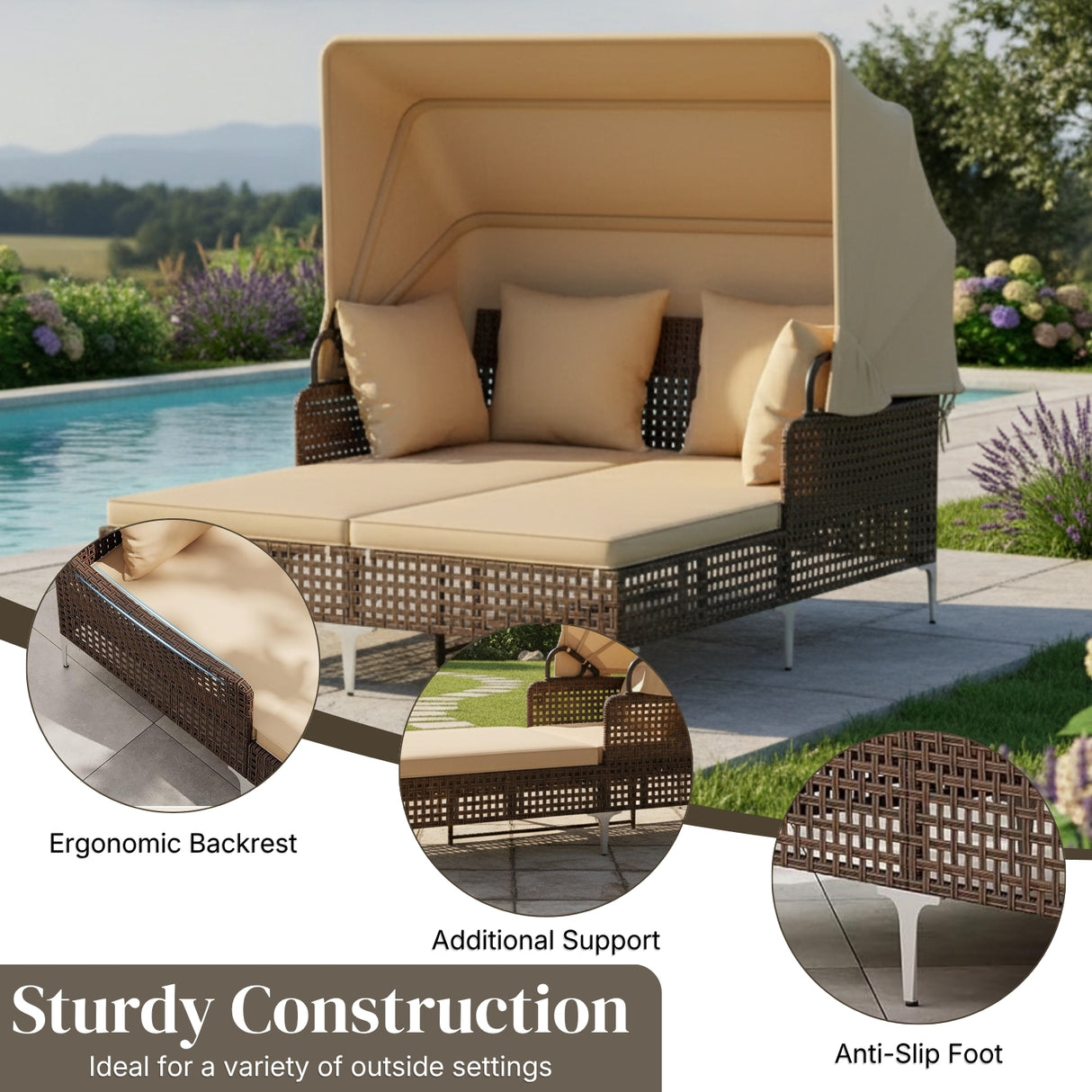 Luxury Outdoor Rattan Wicker Daybed with Canopy & Cushions