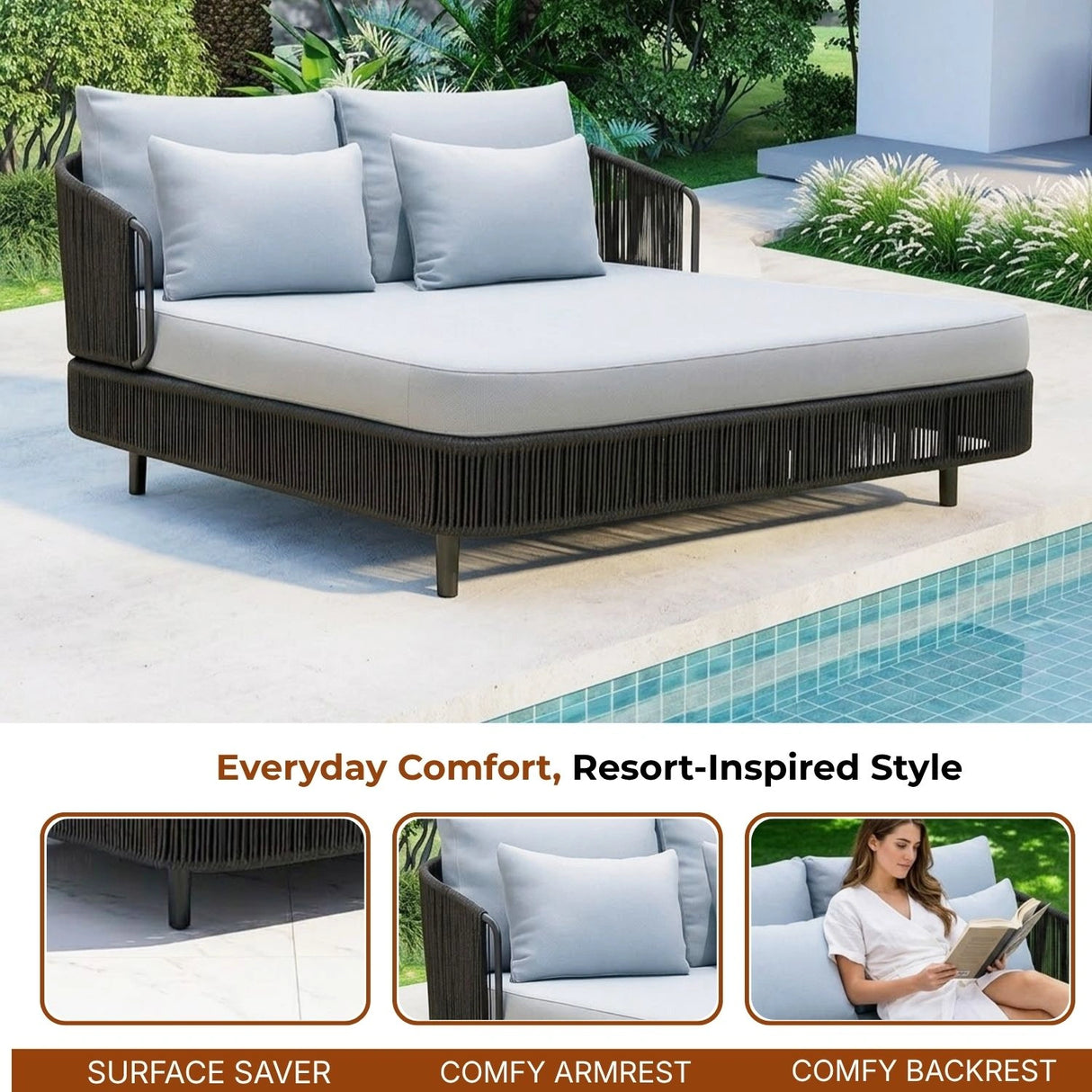 Outdoor Grey Rope Patio Daybed with Comfortable White Cushion