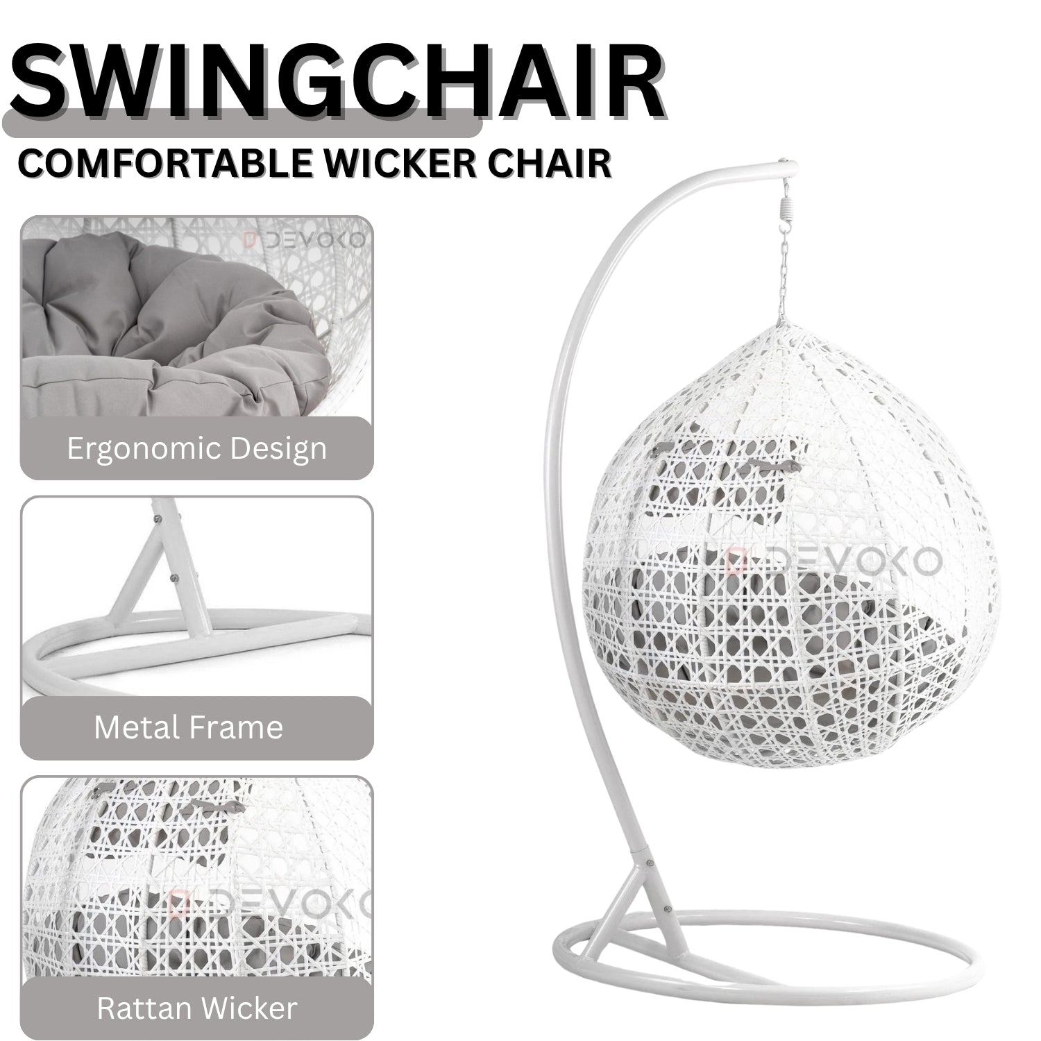 Single Seater Rattan & Wicker Swing (White & Grey)
