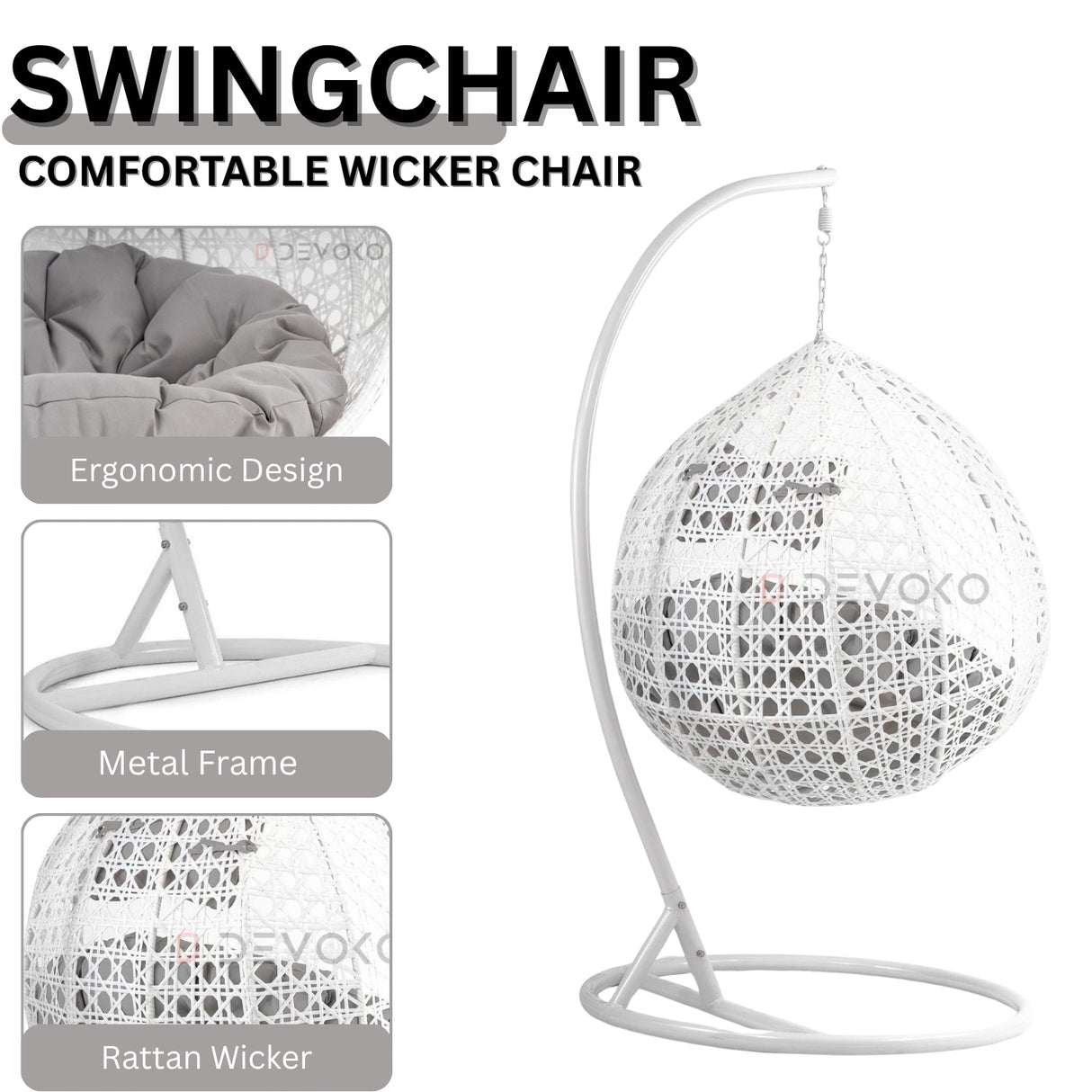 Single Seater Rattan & Wicker Swing (White & Grey)