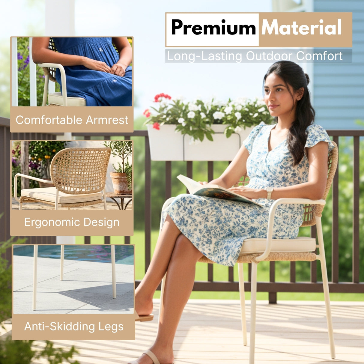 Outdoor Rope Dining Chair with Cushion (Beige & Cream)