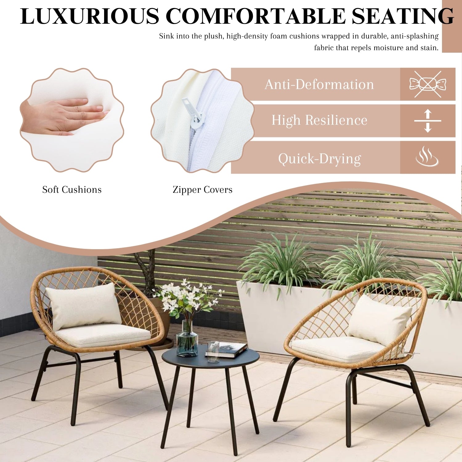 Outdoor Wicker 3-Piece Patio Set (Beige & White)