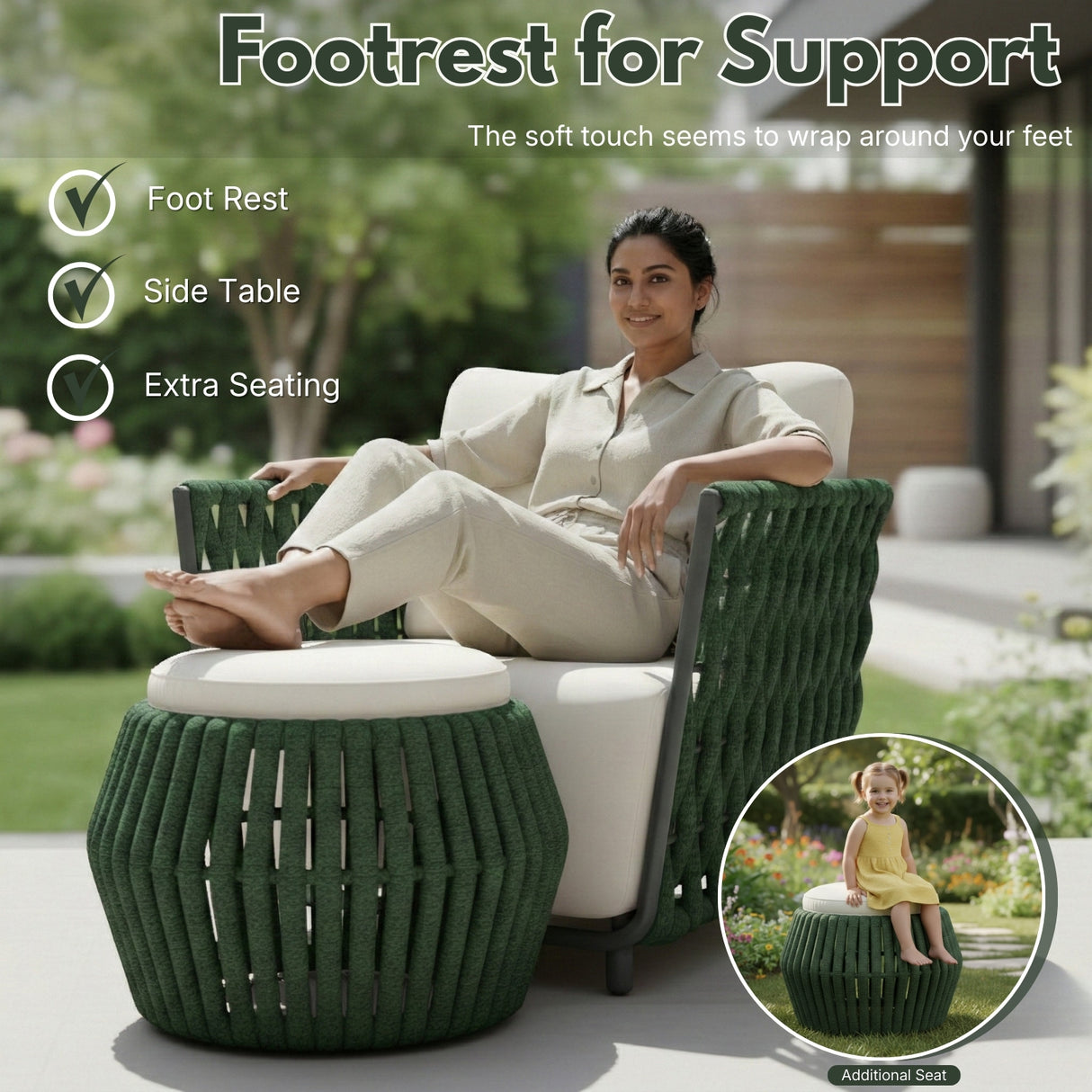 Outdoor Rope 3-Piece Patio Sofa Set (Green & Off-White)