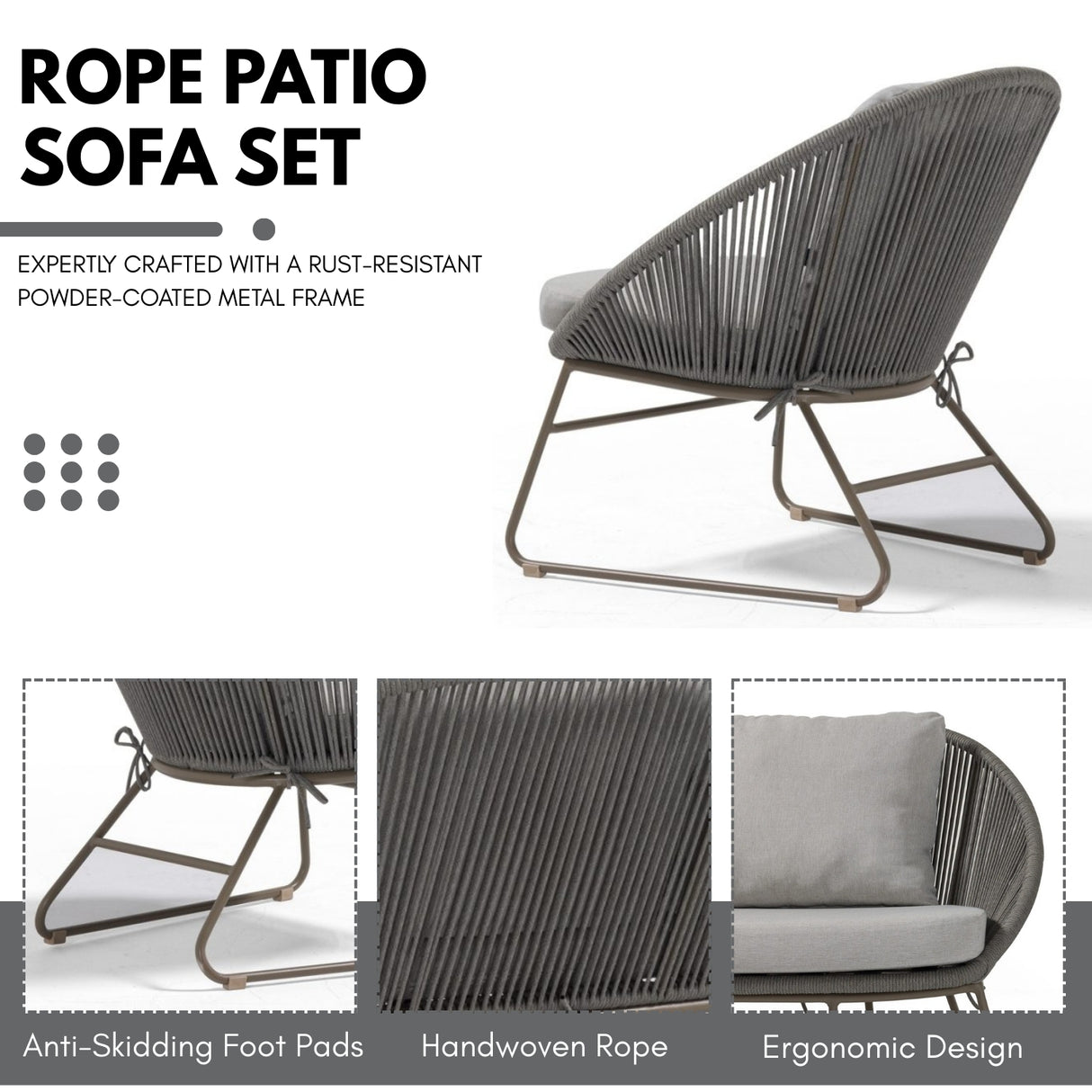 Outdoor Rope 4-Piece Patio Sofa Set with Glass Top Tables