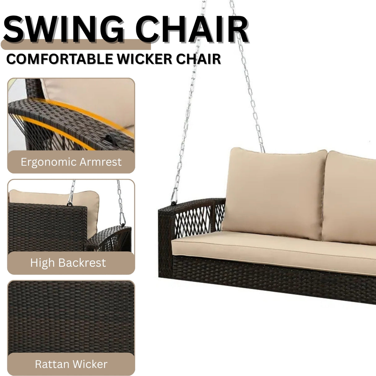 Outdoor Large HDPE Wicker 3-Person Porch Swing