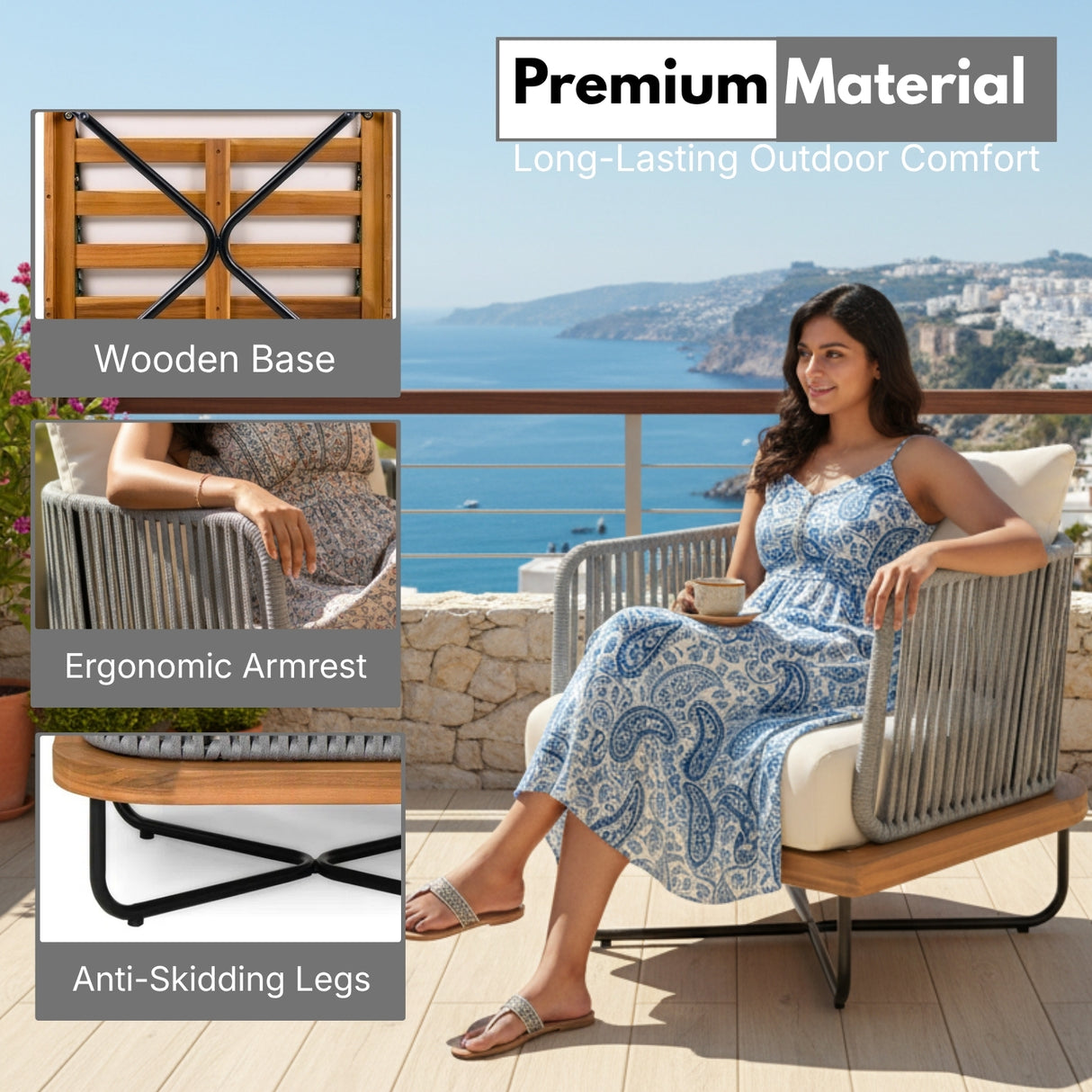Premium All-Weather Outdoor Rope Sofa Chairs Set (Grey & Cream)