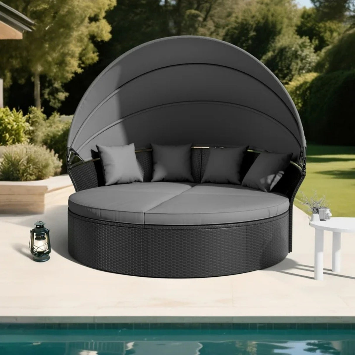 Outdoor Round Canopy Daybed Wicker Patio Furniture Set with Cushions