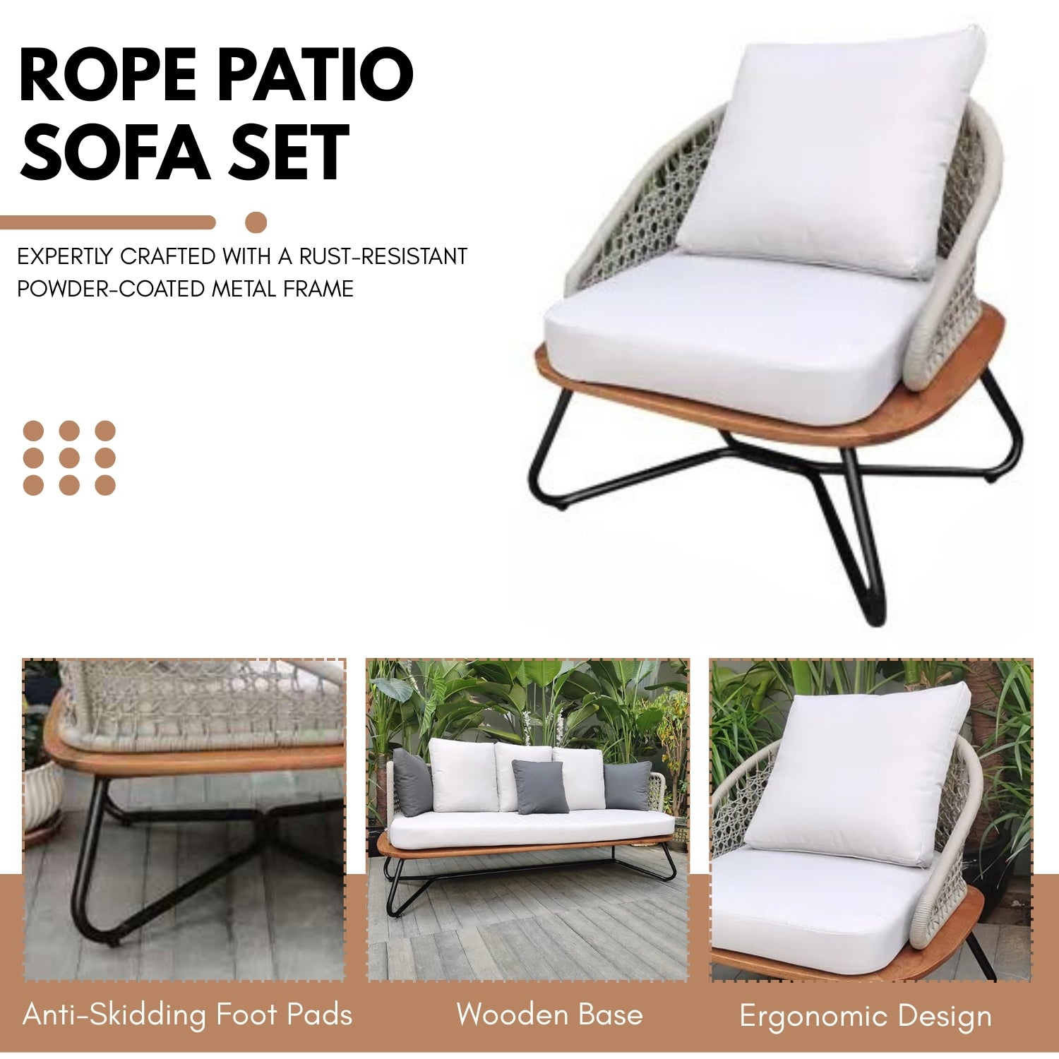 5-Seater Outdoor All-Weather Rope Sofa Set With Wooden Base