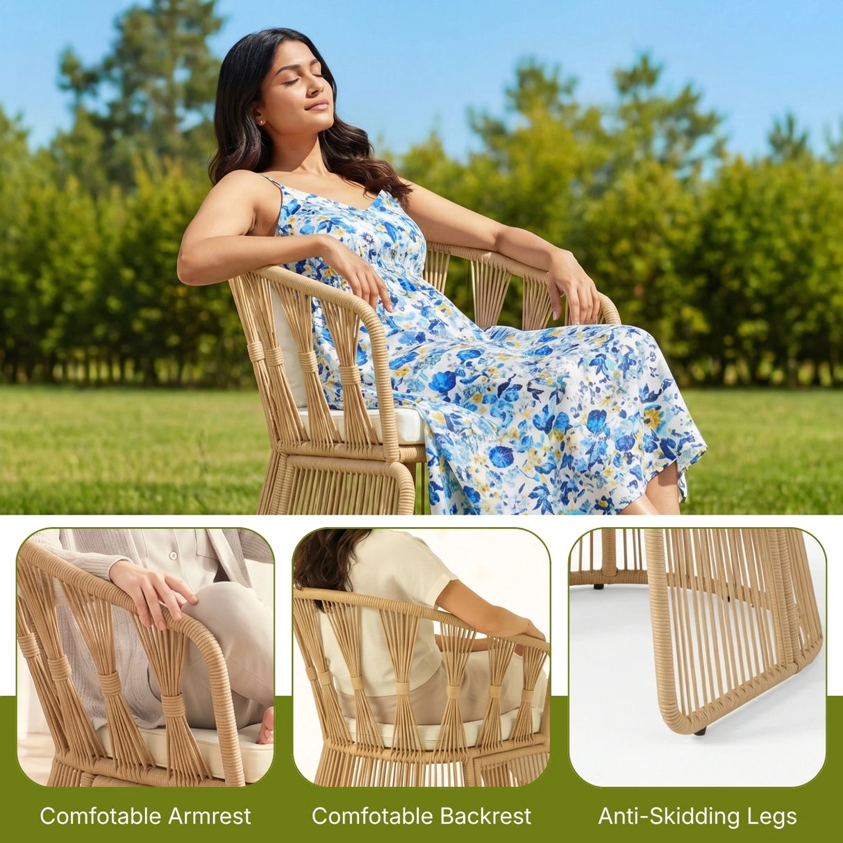 Outdoor Rope 3-Piece Patio Set (Beige & Off-White)
