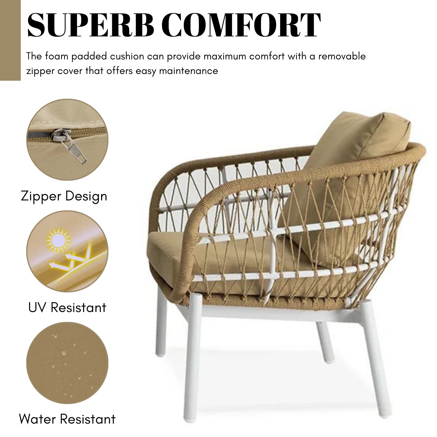 Outdoor Rope 3-Piece Patio Set (Beige & Dark Cream)