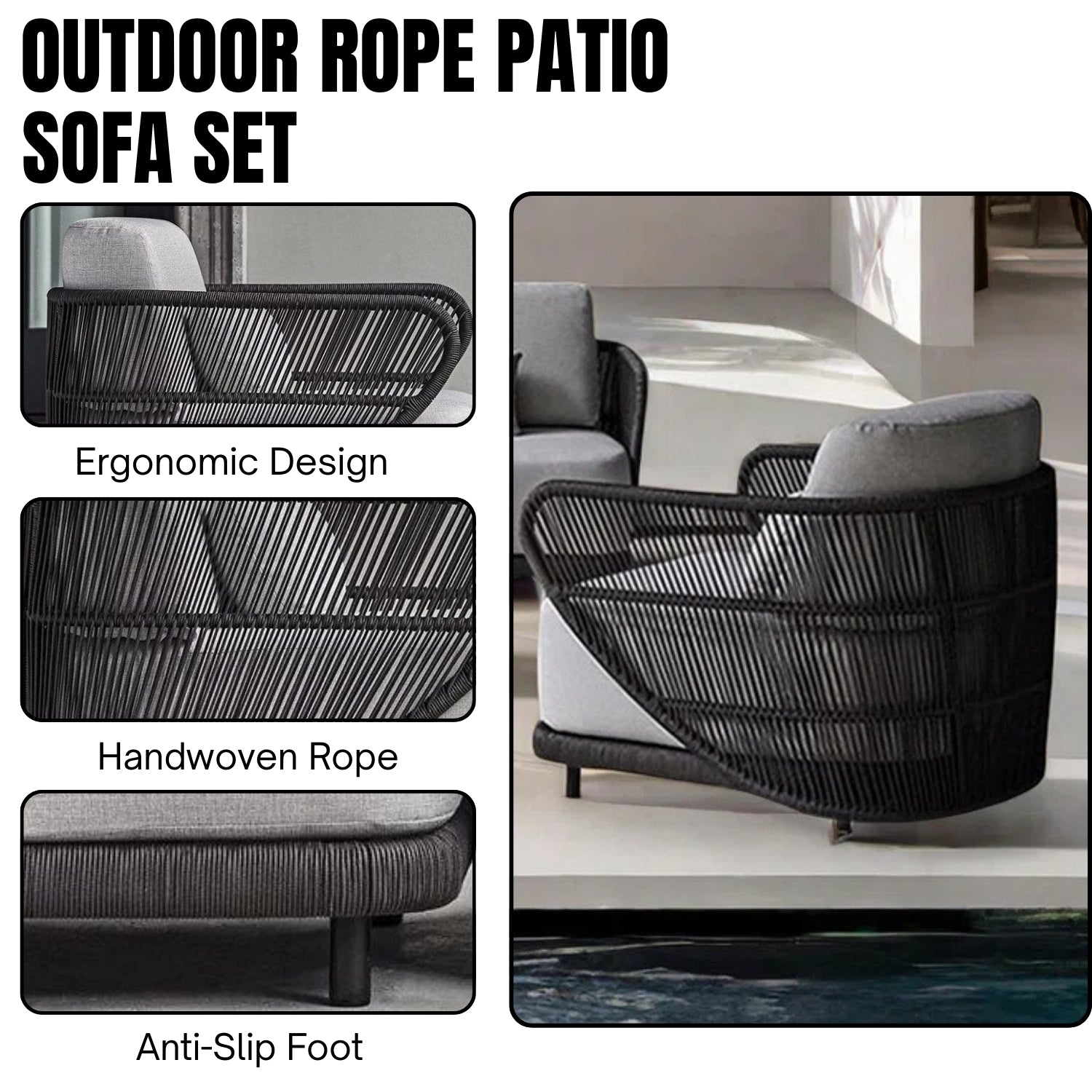Outdoor Rope 4 Seater Sofa Set With Glass Top Tables