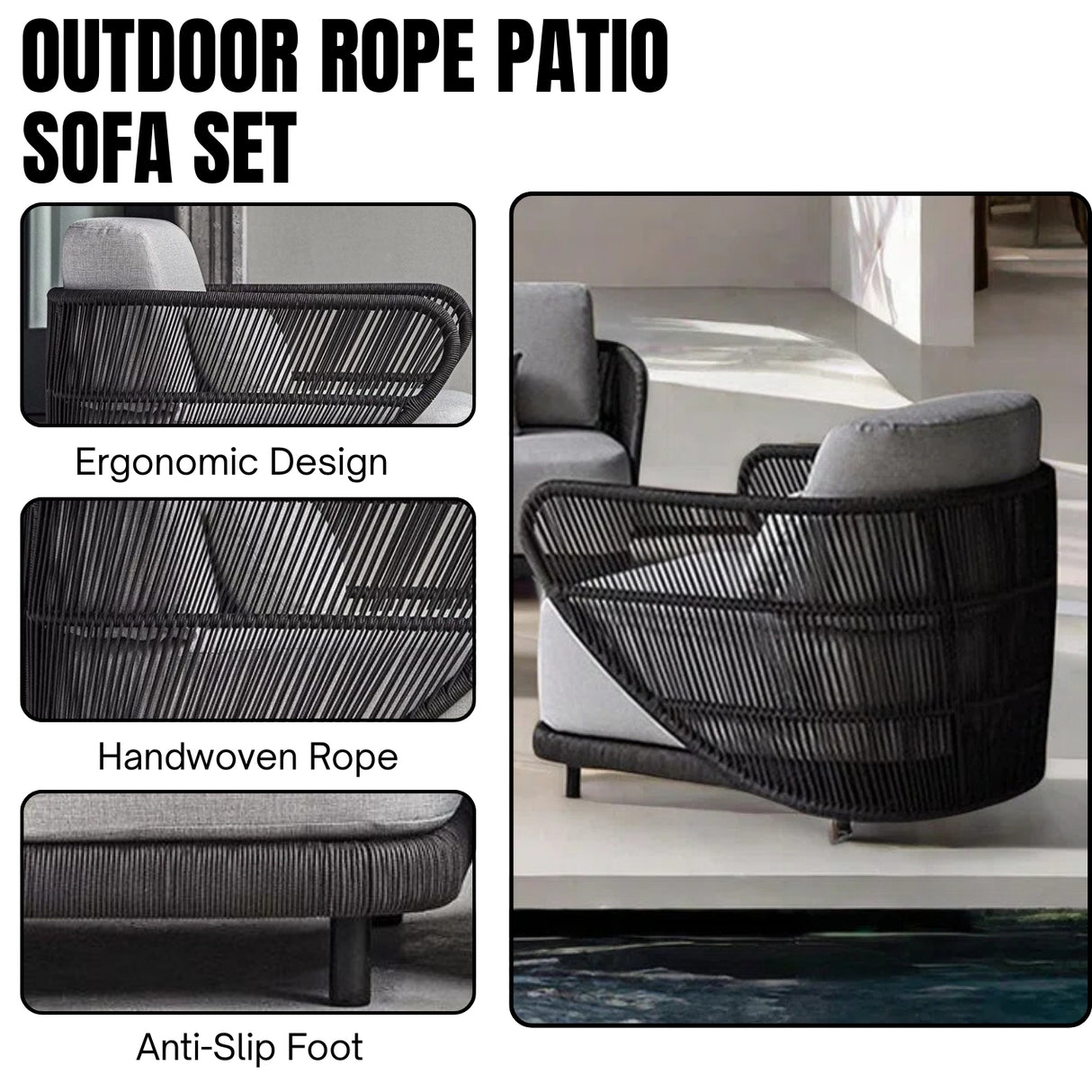 Outdoor Rope 4 Seater Sofa Set With Glass Top Tables