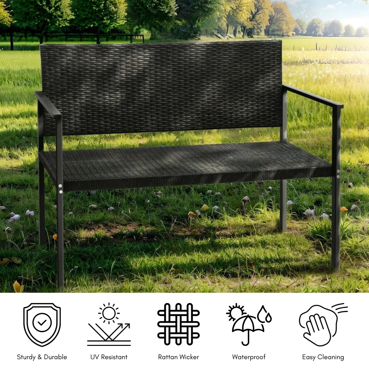 2-Seater Outdoor Garden Rattan Bench With Metal Frames