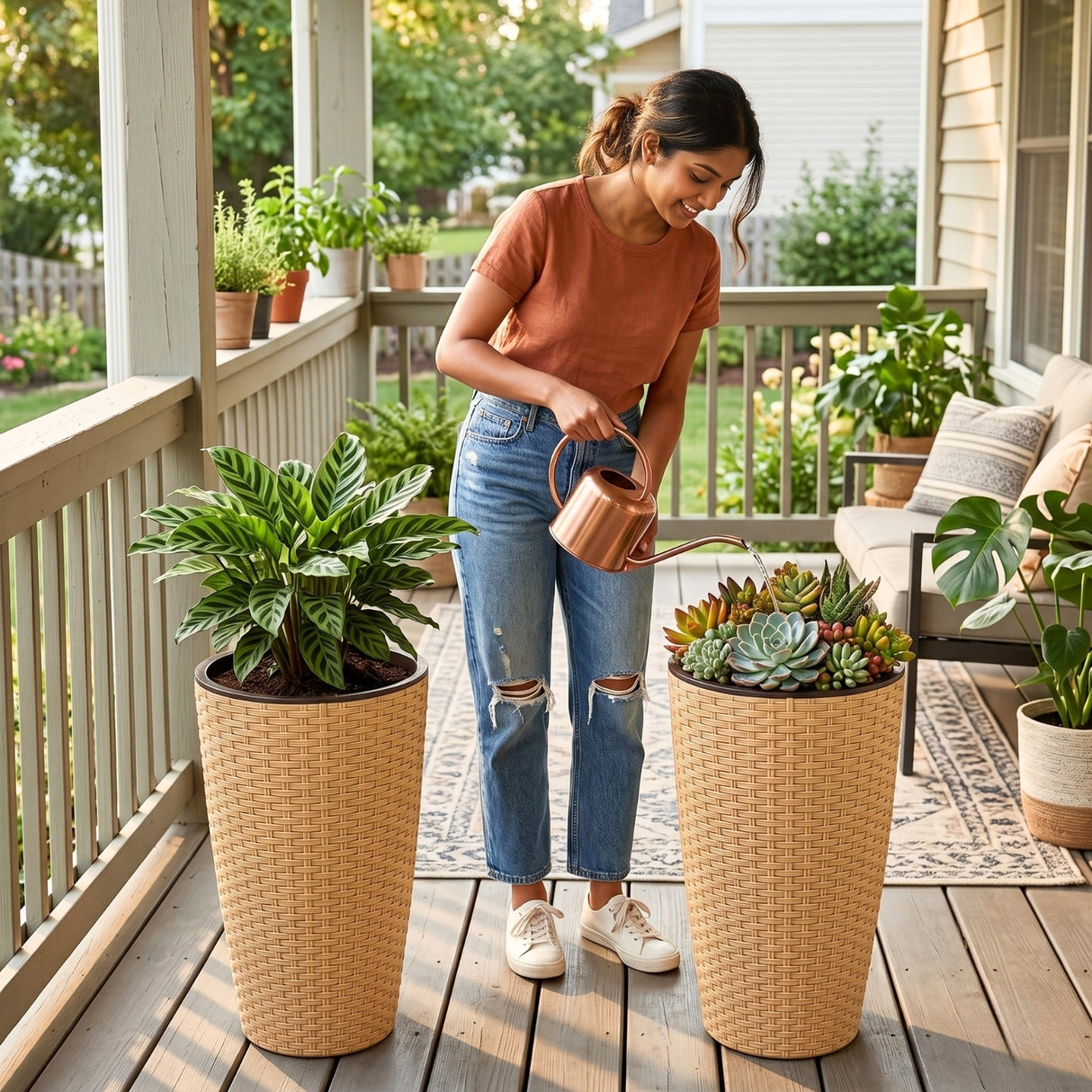 2-Piece Outdoor Wicker Planter Set (Beige)