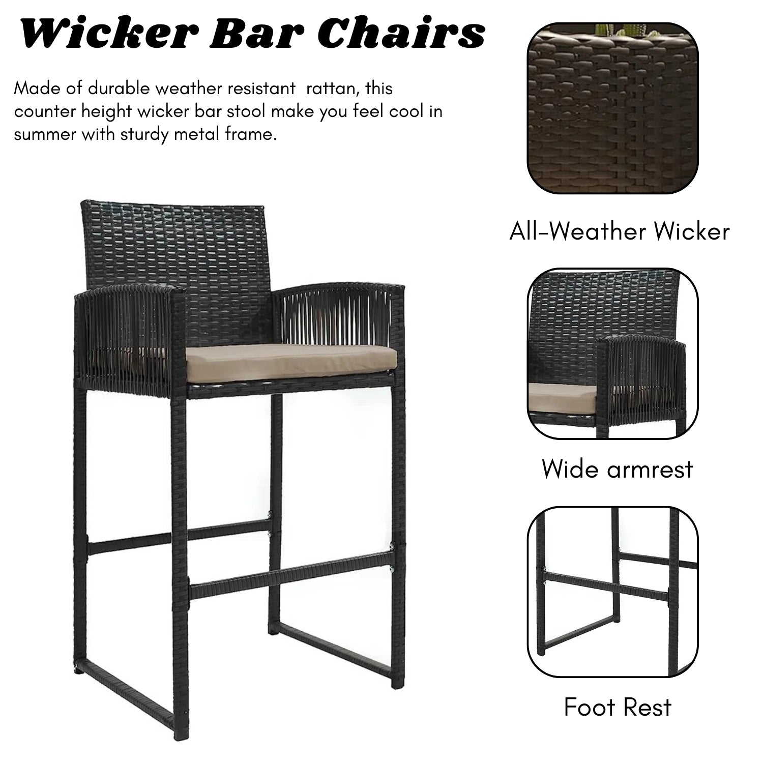 Outdoor Rattan Wicker 2-Piece Bar Chairs