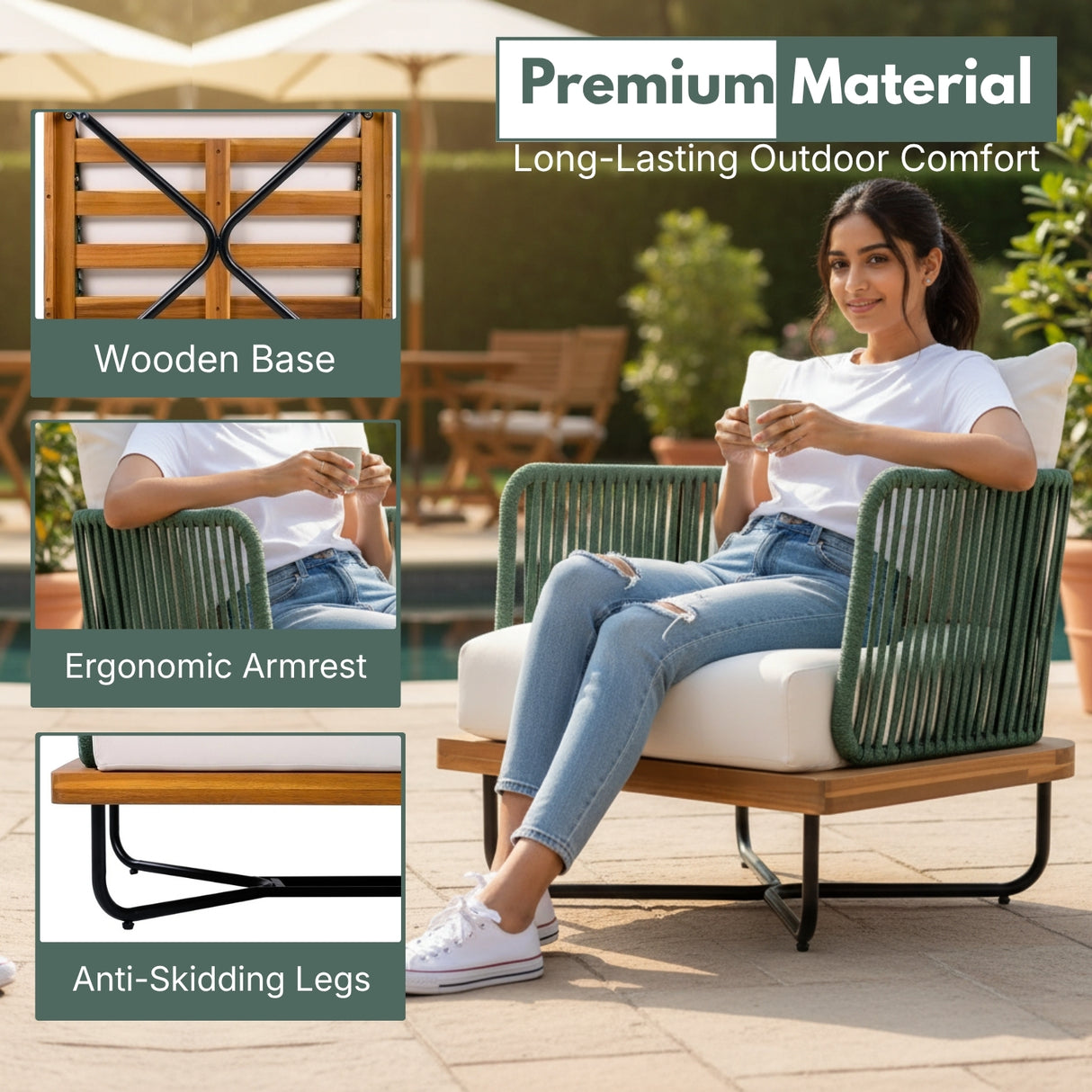 Premium All-Weather Outdoor Rope Sofa Chairs Set (Green & Off-White)